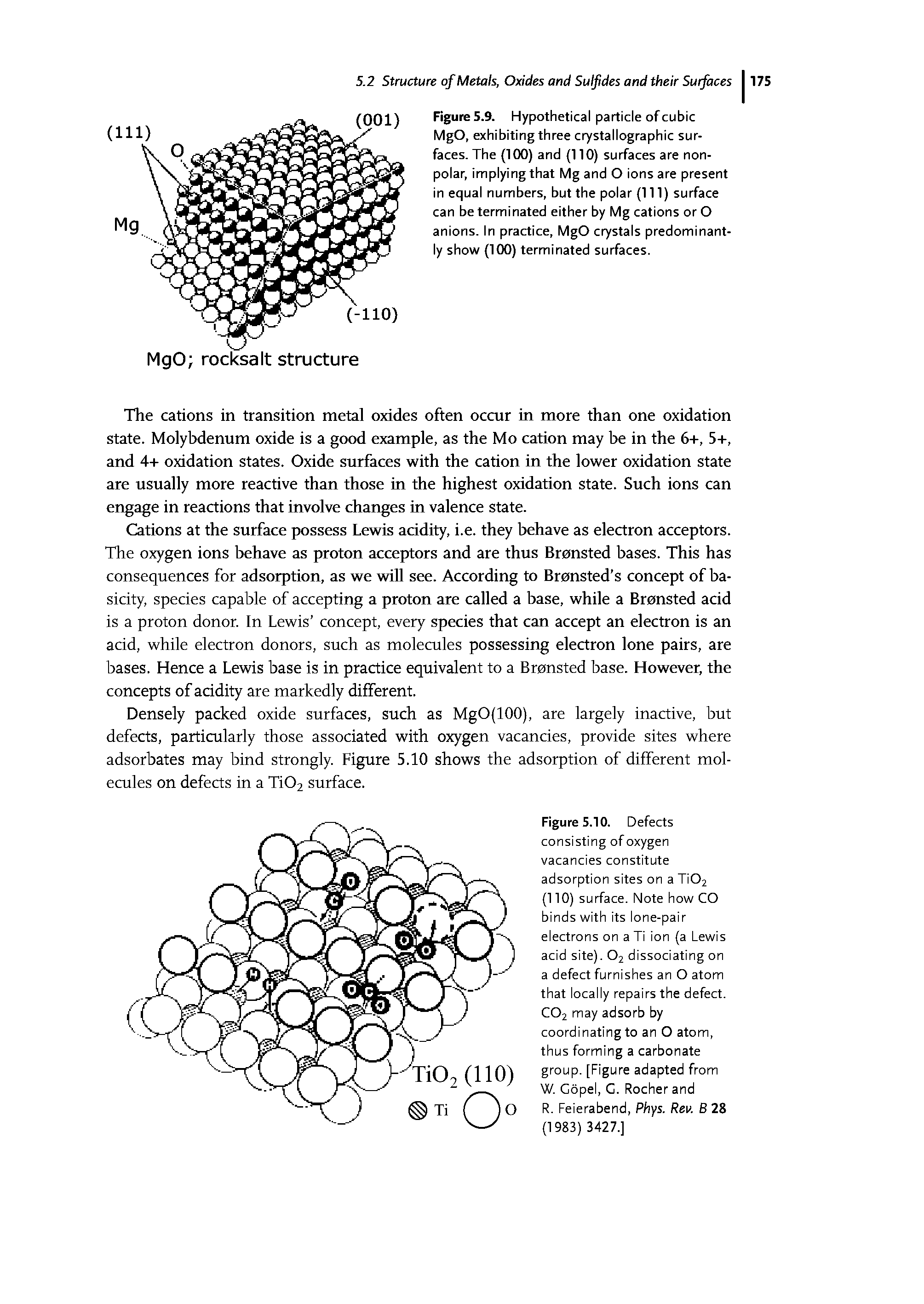 Figure 5.10. Defects consisting of oxygen vacancies constitute adsorption sites on a Ti02 (110) surface. Note how CO binds with its lone-pair electrons on a Ti ion (a Lewis acid site). O2 dissociating on a defect furnishes an O atom that locally repairs the defect. CO2 may adsorb by coordinating to an O atom, thus forming a carbonate group. [Figure adapted from W. Gopel, C. Rocher and R. Feierabend, Phys. Rev. B 28 (1983) 3427.]...