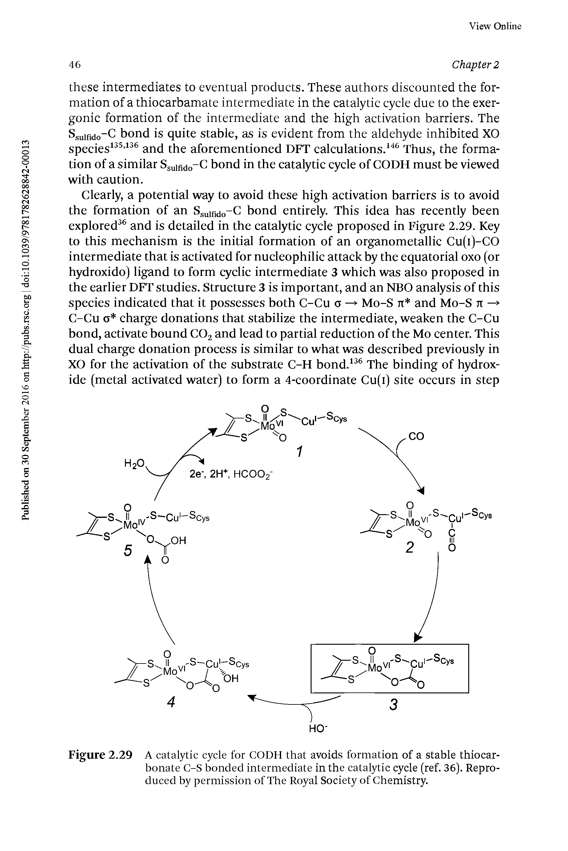 Figure 2.29 A catalytic cycle for CODH that avoids formation of a stable thiocar-bonate C-S bonded intermediate in the catalytic cycle (ref. 36). Reproduced by permission of The Royal Society of Chemistry.