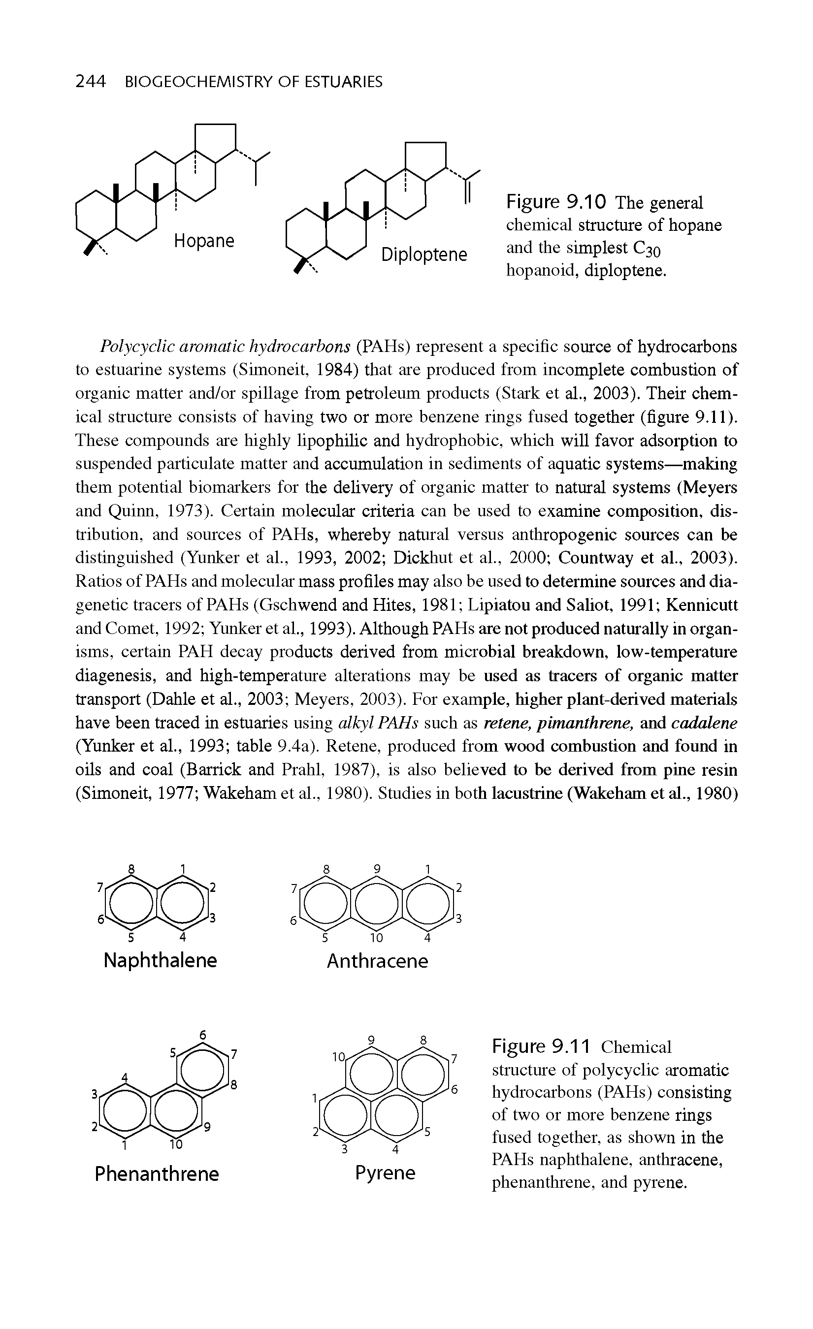 Figure 9.11 Chemical structure of polycyclic aromatic hydrocarbons (PAHs) consisting of two or more benzene rings fused together, as shown in the PAHs naphthalene, anthracene, phenanthrene, and pyrene.