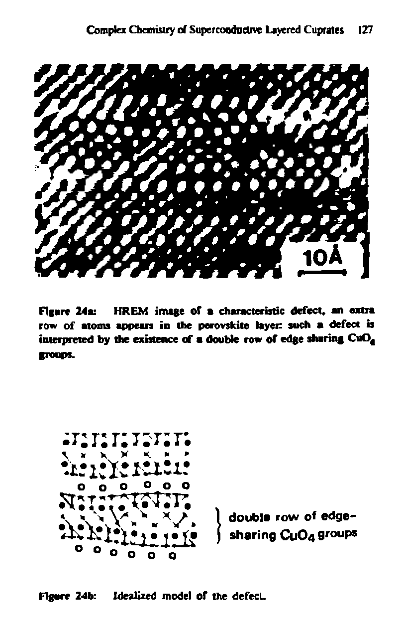 Figure 24m HREM image of a characteristic defect, an extra row of atoms appears in the perovskite layer such a defect is interpreted by the existence of a double row of edge sharing Cu04...