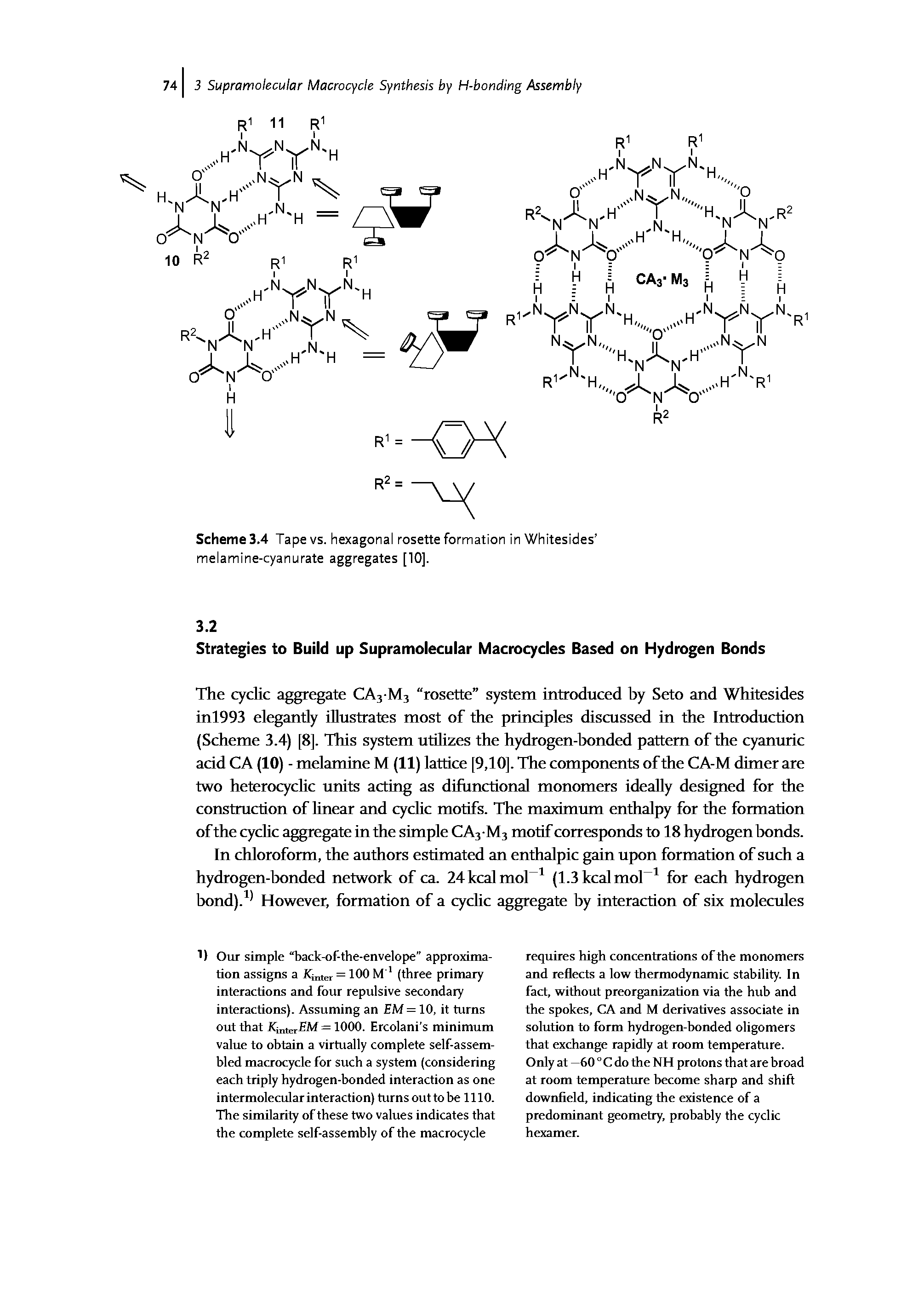 Scheme 3.4 Tape vs. hexagonal rosette formation in Whitesides melamine-cyanurate aggregates [10].