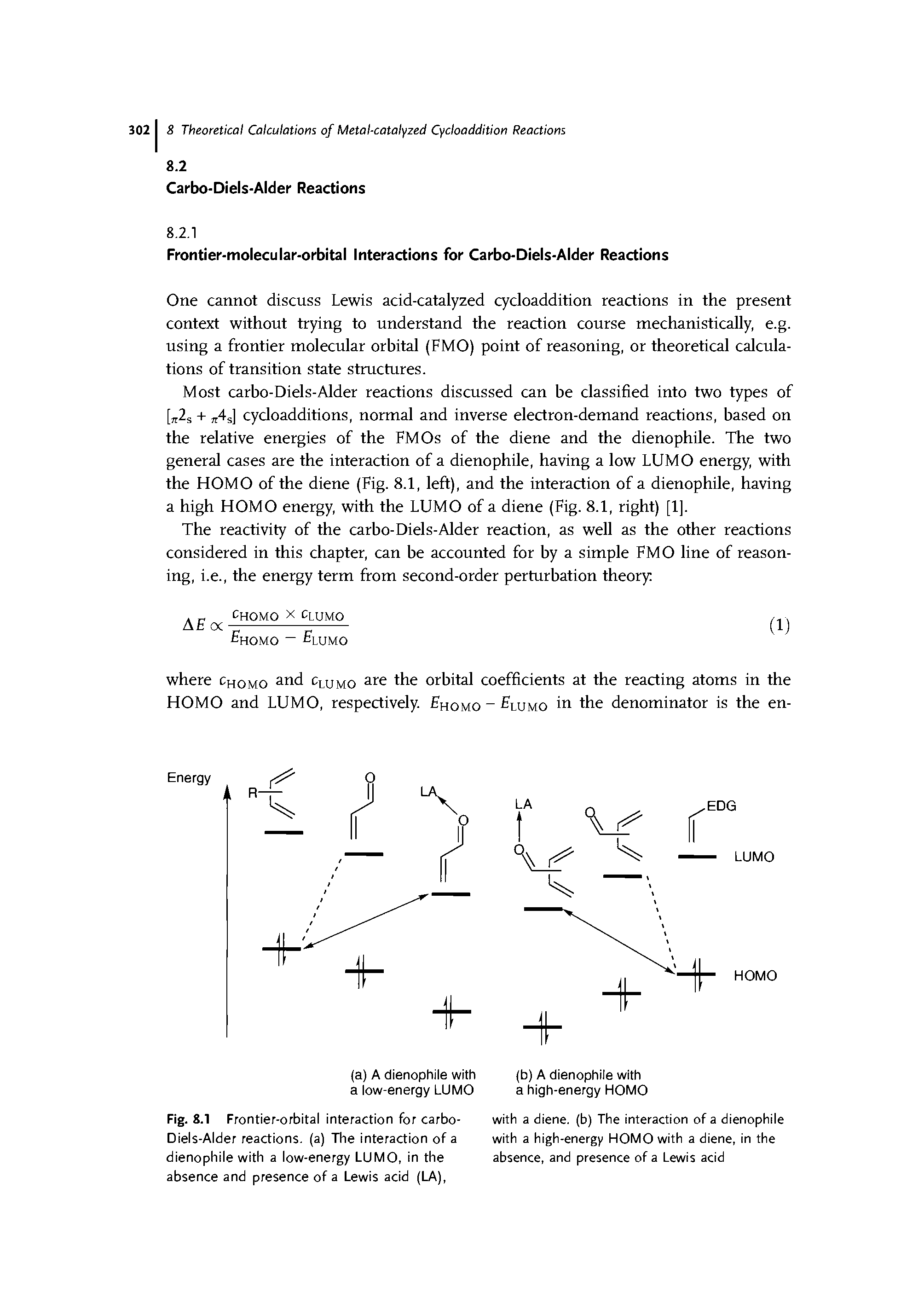 Fig. 8.1 Frontier-orbital interaction for carbo-Diels-Alder reactions, (a) The interaction of a dienophile with a low-energy LUMO, in the absence and presence of a Lewis acid (LA),...