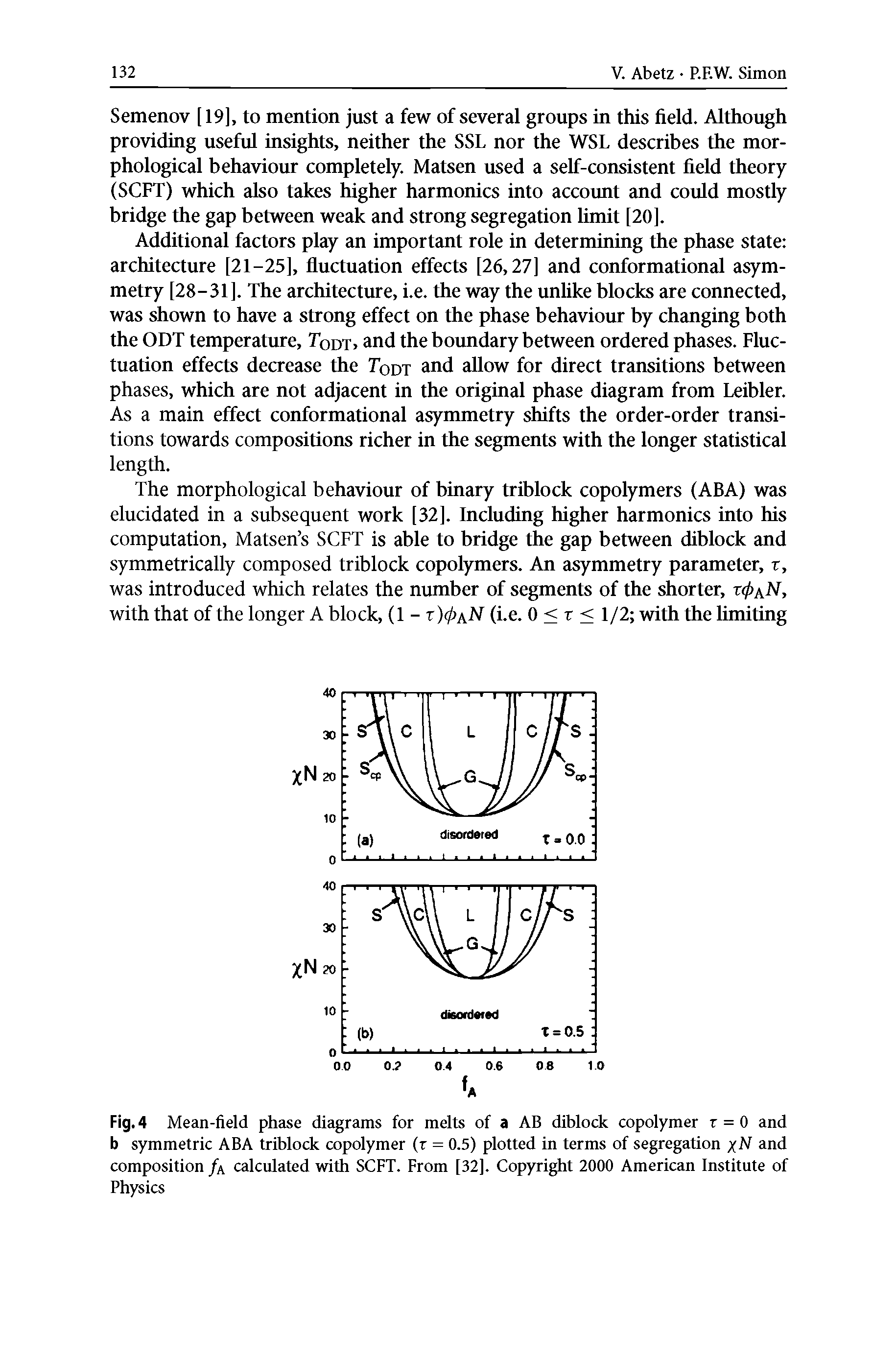 Fig. 4 Mean-field phase diagrams for melts of a AB diblock copolymer r = 0 and b symmetric ABA triblock copolymer (r = 0.5) plotted in terms of segregation /N and composition /a calculated with SCFT. From [32]. Copyright 2000 American Institute of Physics...
