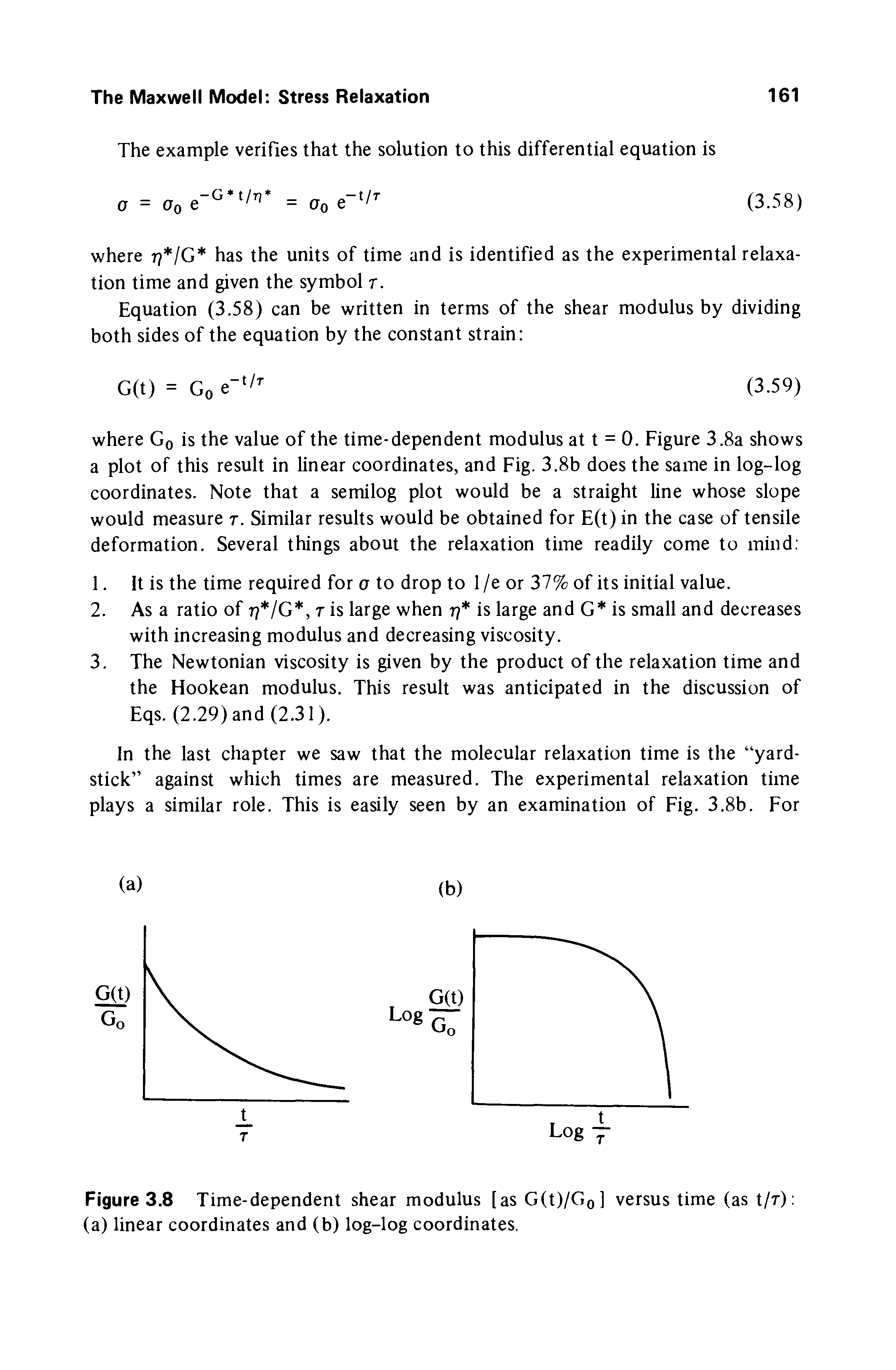 Figure 3.8 Time-dependent shear modulus [as G(t)/Gol versus time (as t/r) (a) linear coordinates and (b) log-log coordinates.