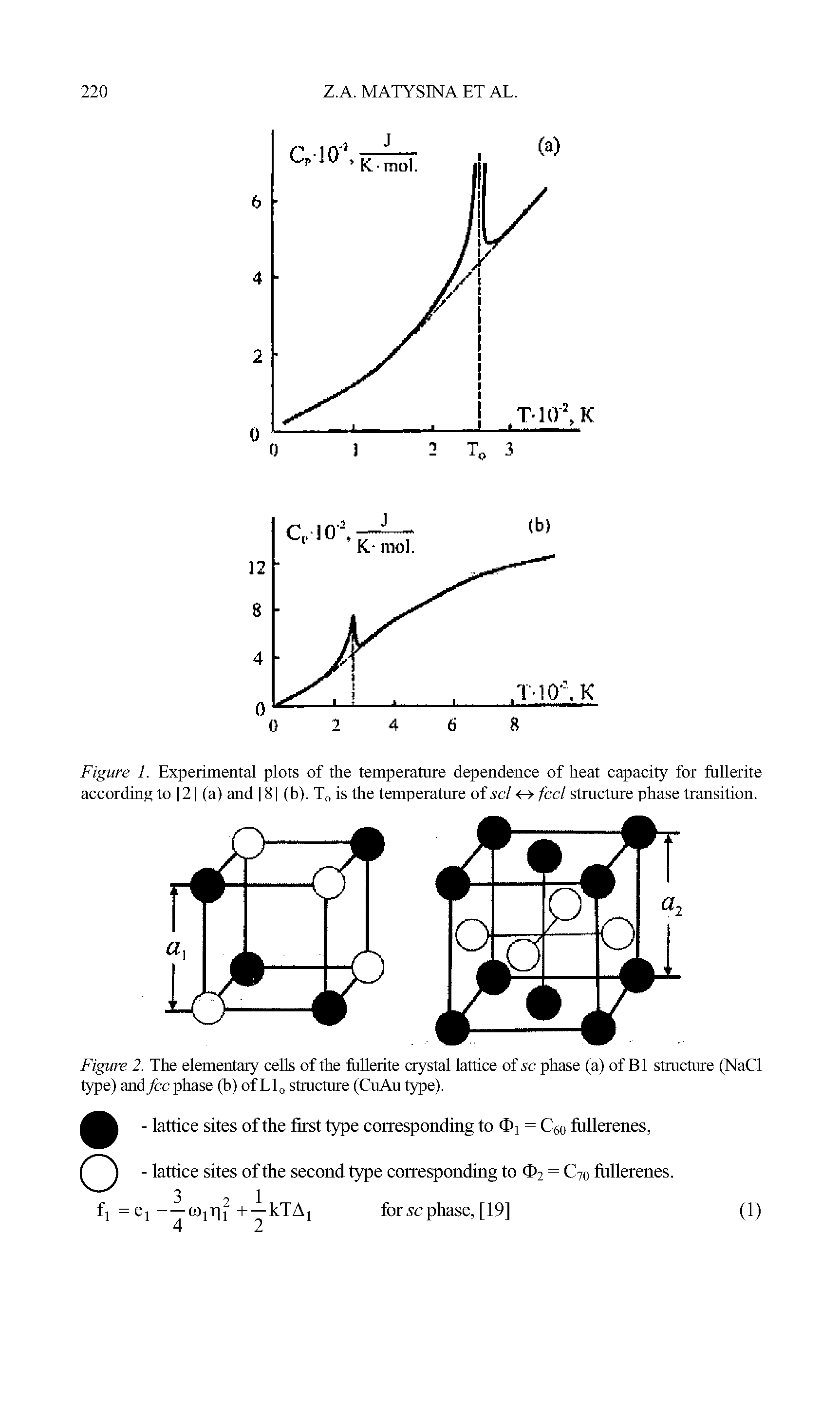 Figure 2. The elementary cells of the fullerite crystal lattice of sc phase (a) of B1 structure (NaCl type) and fee phase (b) of Ll0 structure (CuAu type).