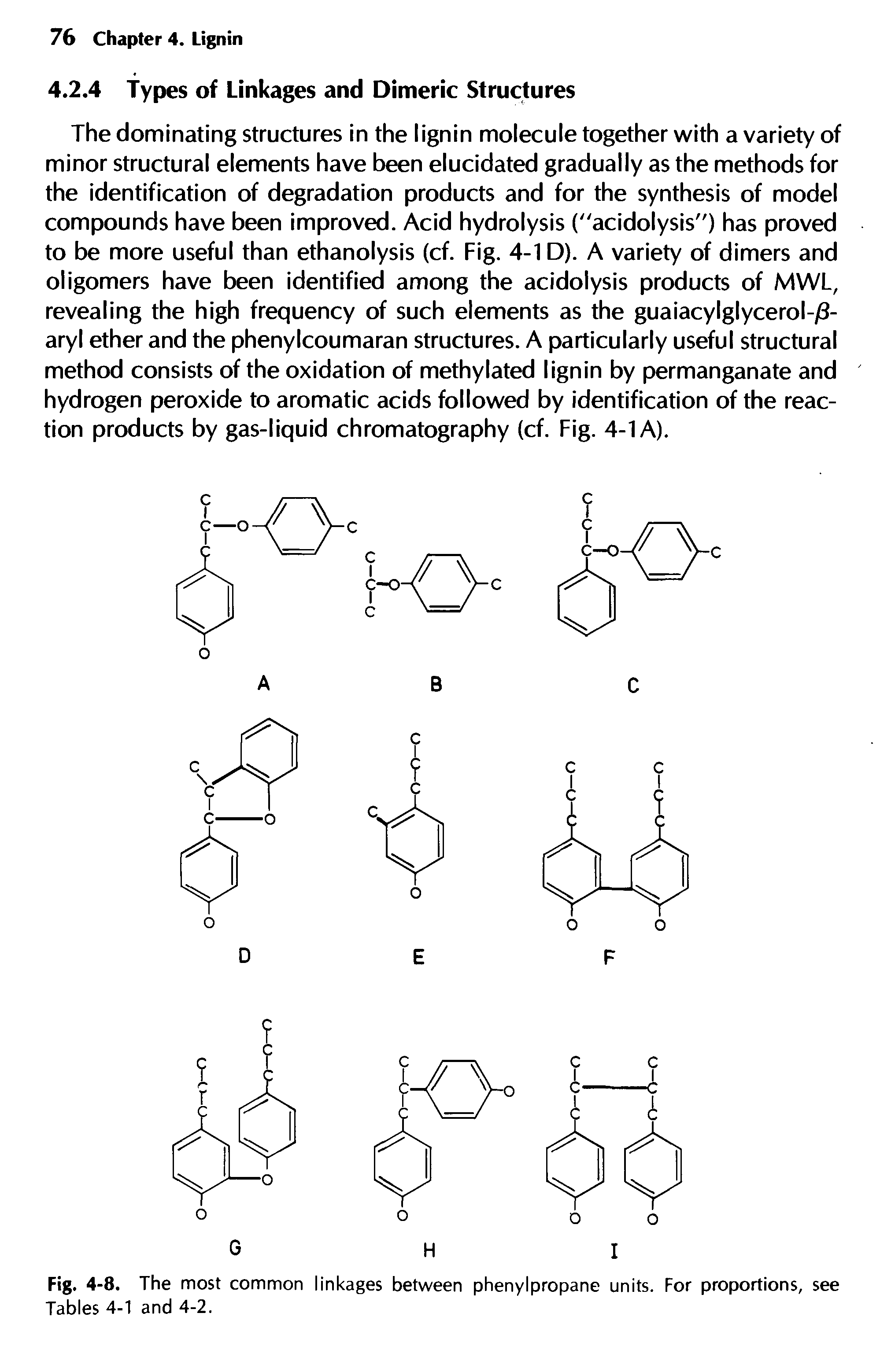 Fig. 4-8. The most common linkages between phenylpropane units. For proportions, see Tables 4-1 and 4-2.