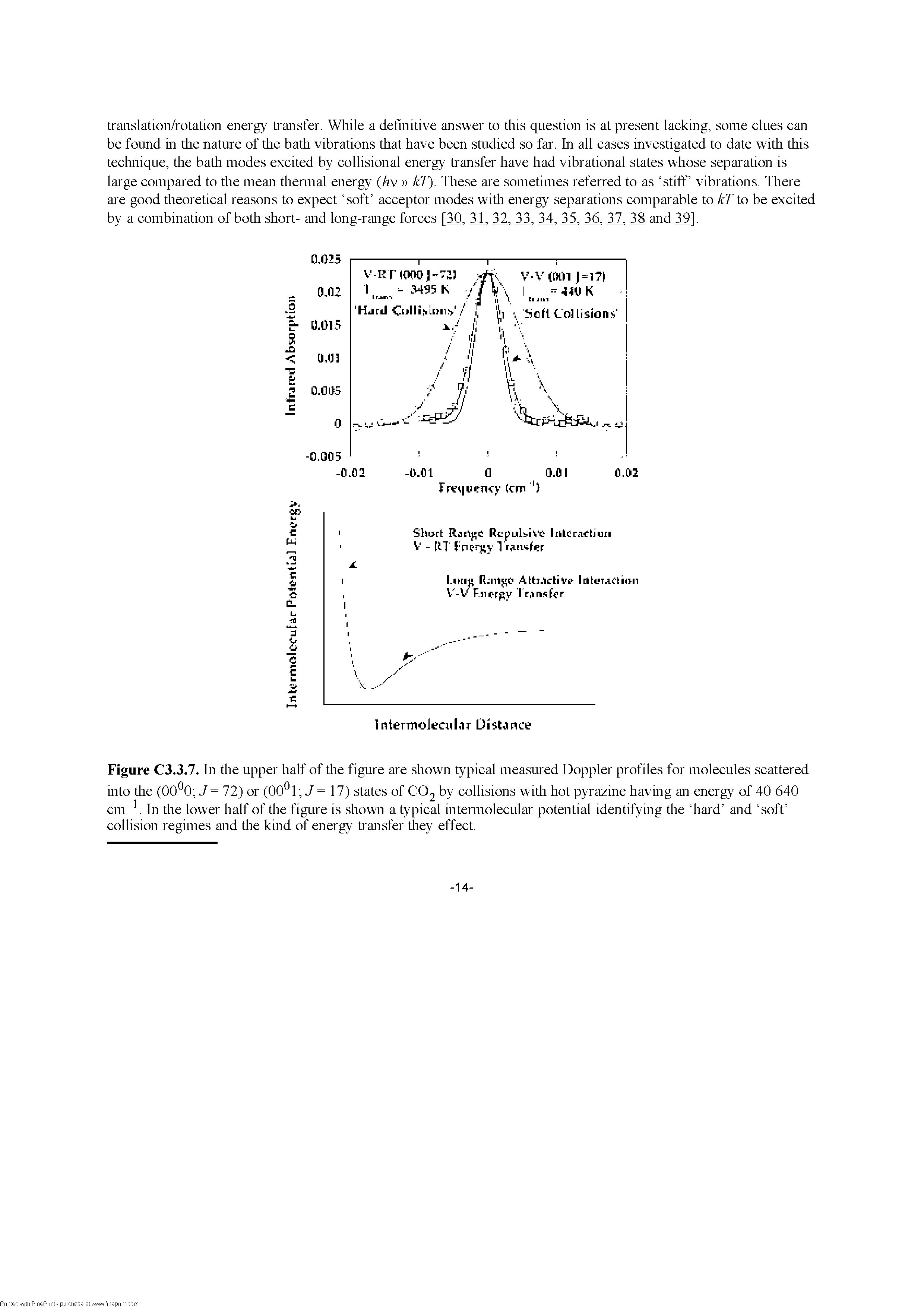 Figure C3.3.7. In the upper half of the figure are shown typical measured Doppler profiles for molecules scattered into the (OO O J= 72) or (OO l J = 17) states of CO2 by collisions with hot pyrazine having an energy of 40 640 cm In the lower half of the figure is shown a typical intennolecular potential identifying the hard and soft collision regimes and the kind of energy transfer they effect.