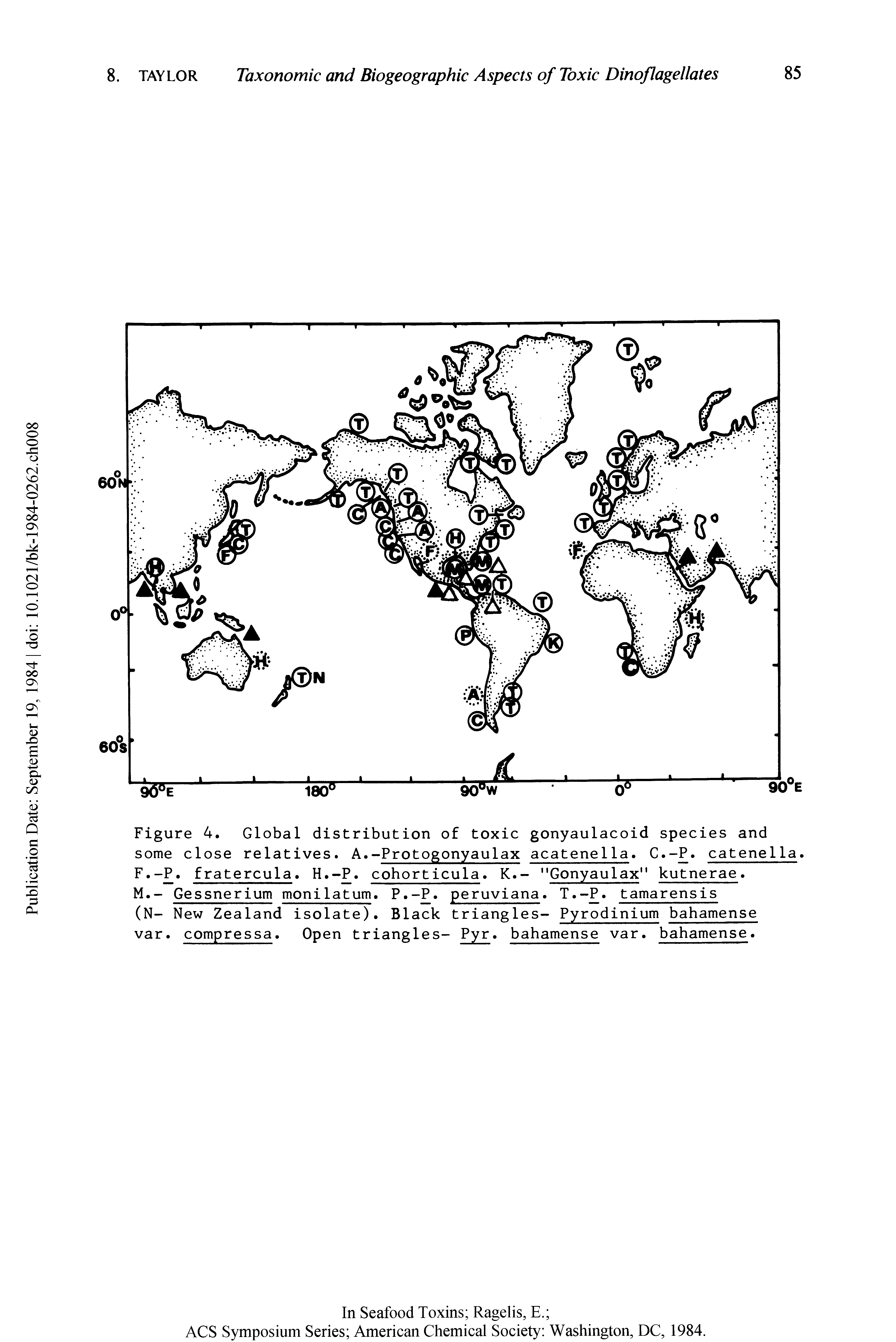 Figure 4. Global distribution of toxic gonyaulacoid species and some close relatives. A.-Protogonyaulax acatenella. C.-P. catenella. F.-P. fratercula. H.-P. cohorticula. K.- "Gonyaulax" kutnerae.