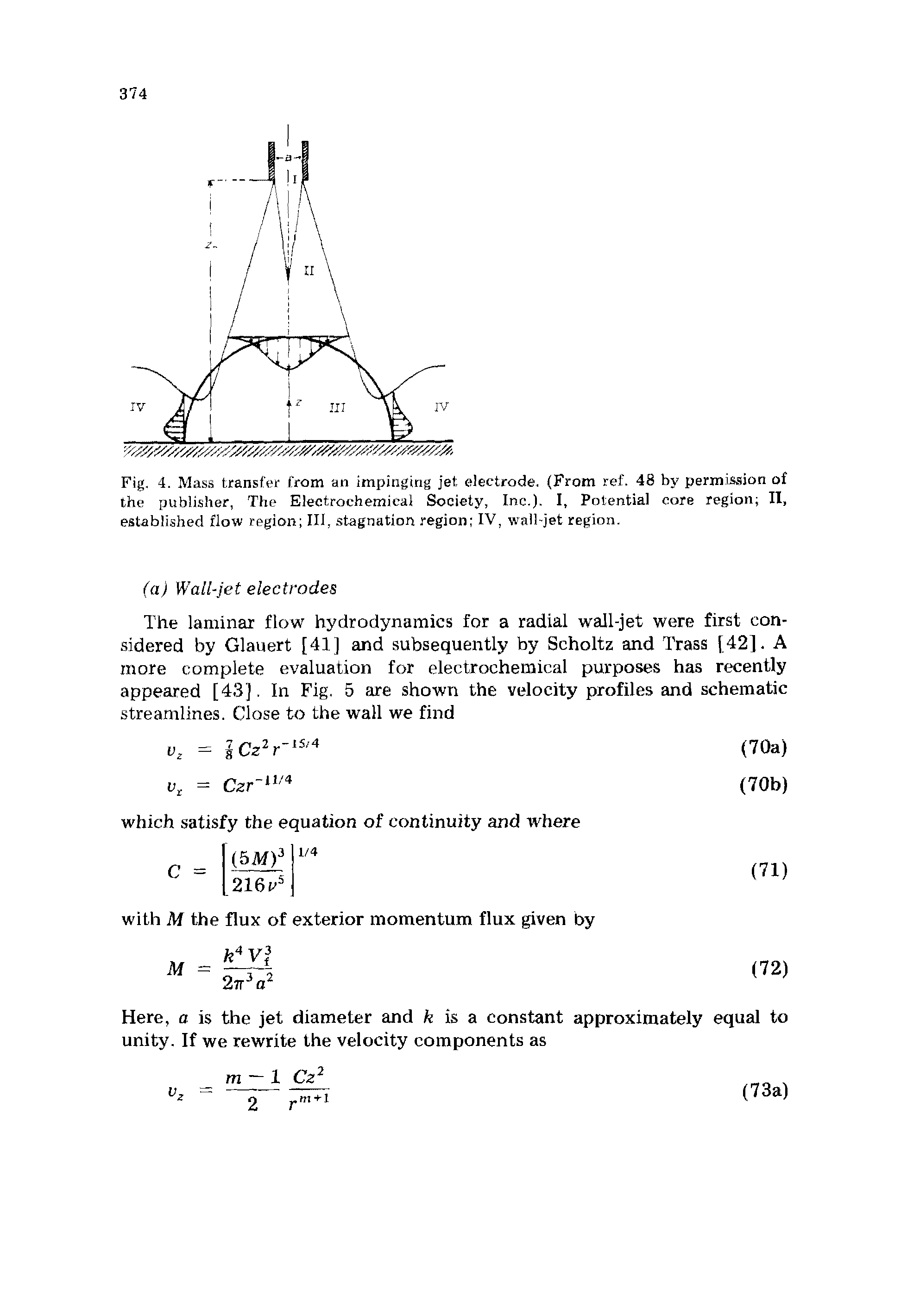 Fig. 4. Mass transfer from an impinging jet electrode. (From ref. 48 by permission of the publisher, The Electrochemical Society, Inc.). I, Potential core region II, established flow region III, stagnation region IV, wall-jet region.