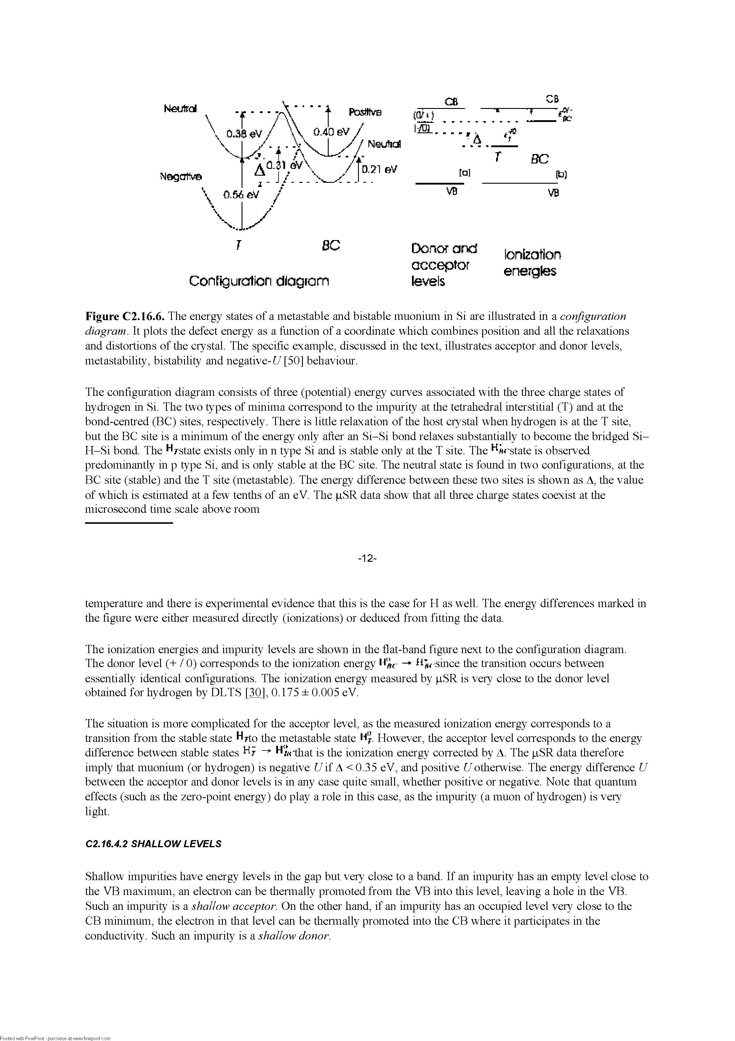 Figure C2.16.6. The energy states of a metastable and bistable muonium in Si are illustrated in a configuration diagram. It plots the defect energy as a function of a coordinate which combines position and all the relaxations and distortions of the crystal. The specific example, discussed in the text, illustrates acceptor and donor levels, metastability, bistability and negative- U [50] behaviour.