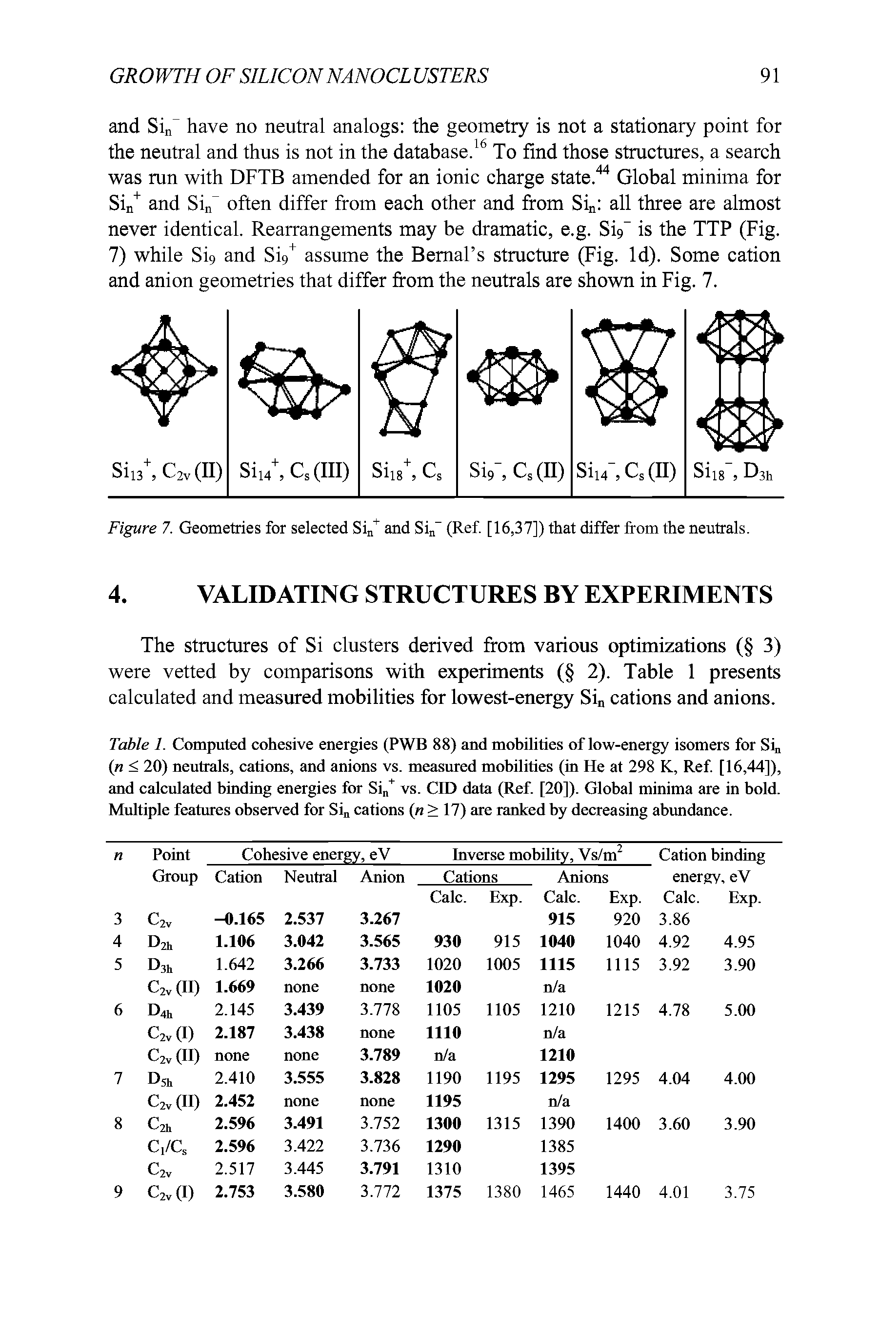 Table 1. Computed cohesive energies (PWB 88) and mobilities of low-energy isomers for Sin (n < 20) neutrals, cations, and anions vs. measured mobilities (in He at 298 K, Ref. [16,44]), and calculated binding energies for Si + vs. CID data (Ref. [20]). Global minima are in bold. Multiple features observed for Sin cations (n > 17) are ranked by decreasing abundance.