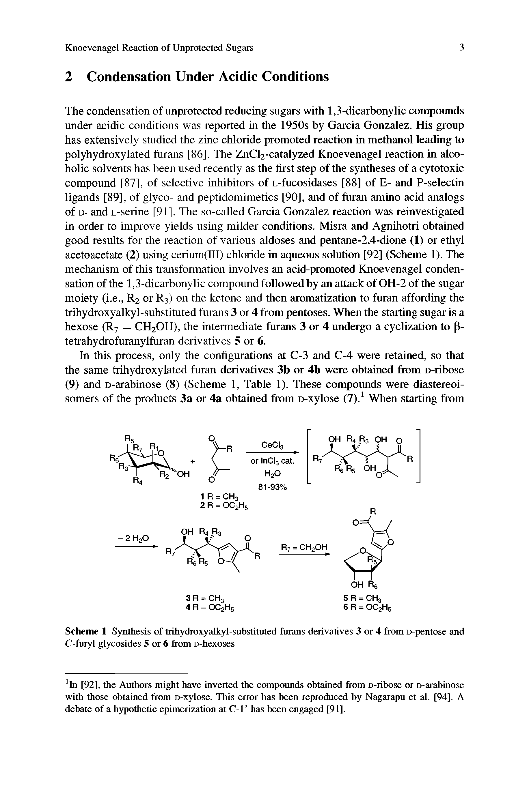 Scheme 1 Synthesis of trihydroxyalkyl-substituted furans derivatives 3 or 4 from D-pentose and C-furyl glycosides 5 or 6 from D-hexoses...