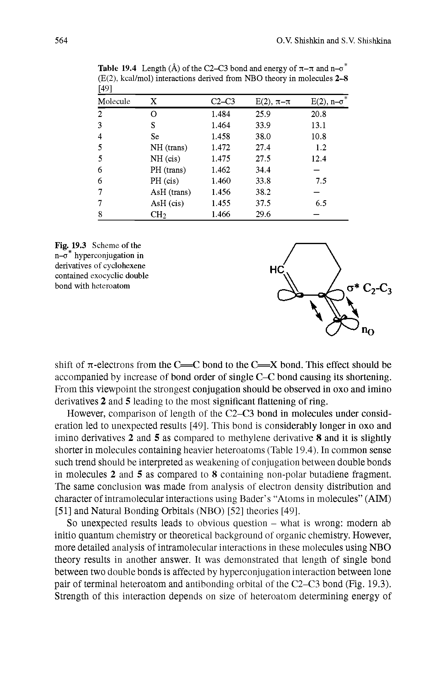 Table 19.4 Length (A) of the C2-C3 bond and energy of jt-jt and n-a (E(2), kcal/mol) interactions derived from NBO theory in molecules 2-8 [49]...
