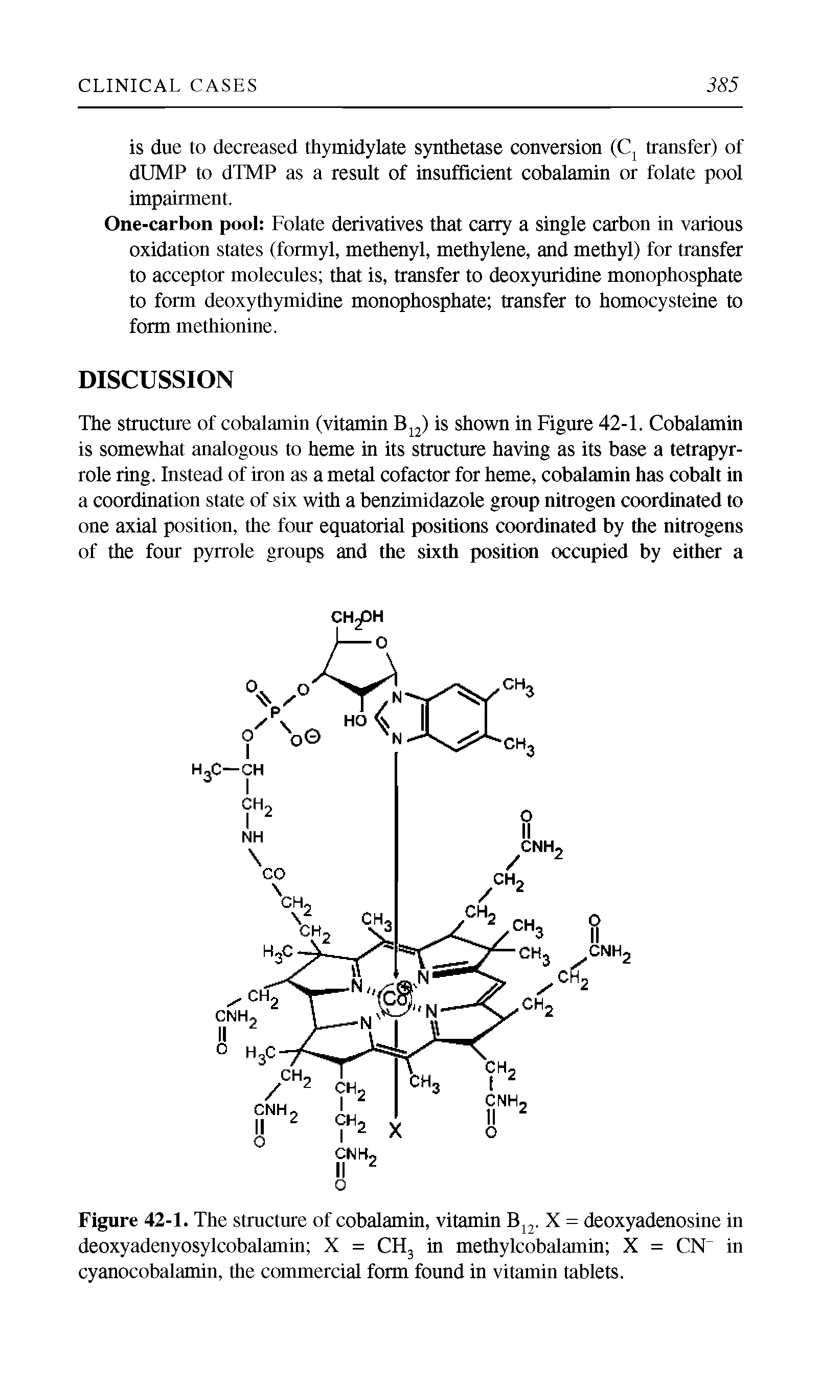 Figure 42-1. The structure of cobalamin, vitamin X = deoxyadenosine in deoxyadenyosylcobalamin X = CHj in methylcobalamin X = CN in cyanocobalamin, the commercial form found in vitamin tablets.