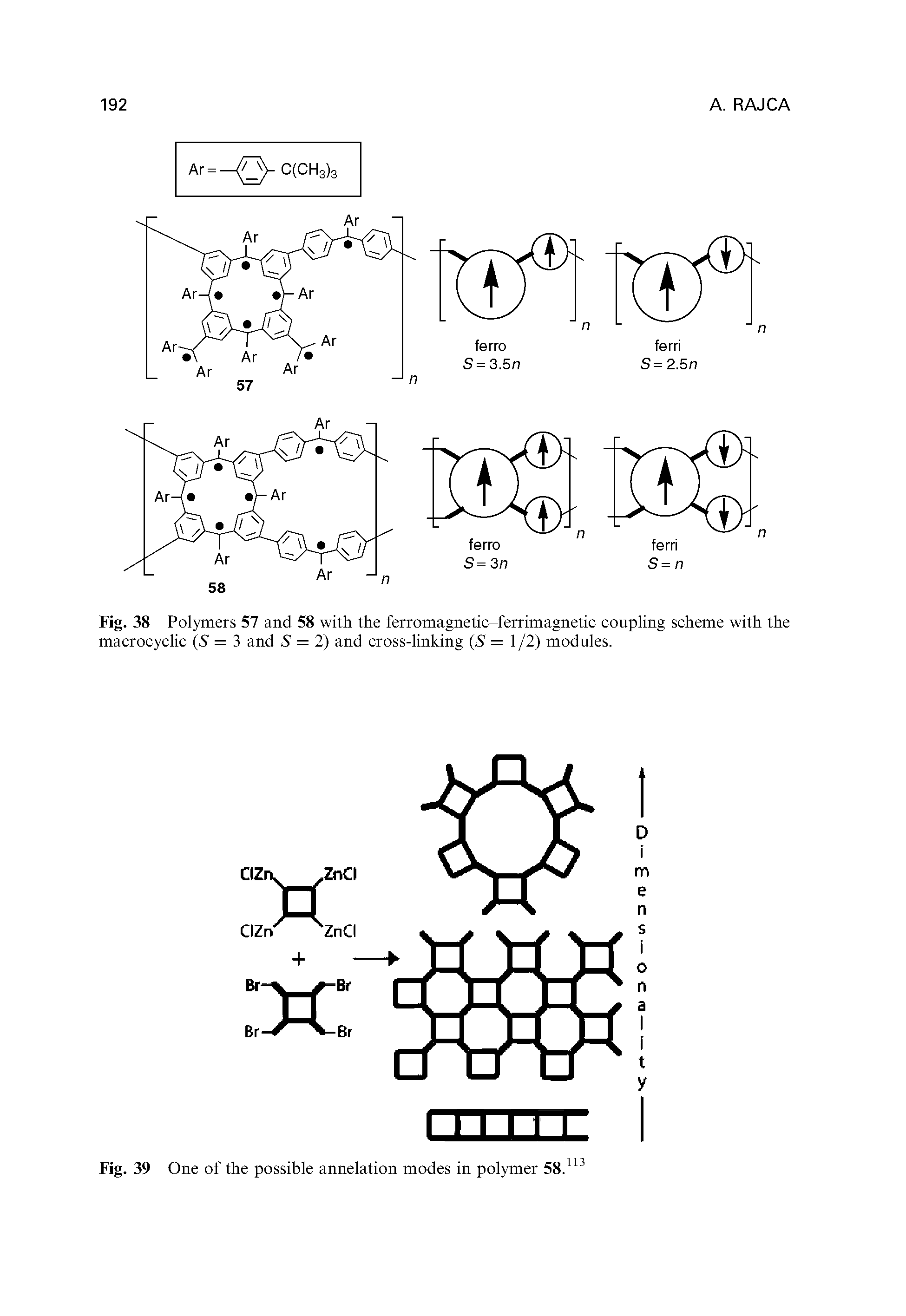 Fig. 38 Polymers 57 and 58 with the ferromagnetic-ferrimagnetic coupling scheme with the macrocyclic (S — 3 and 5 = 2) and cross-linking (5=1 /2) modules.