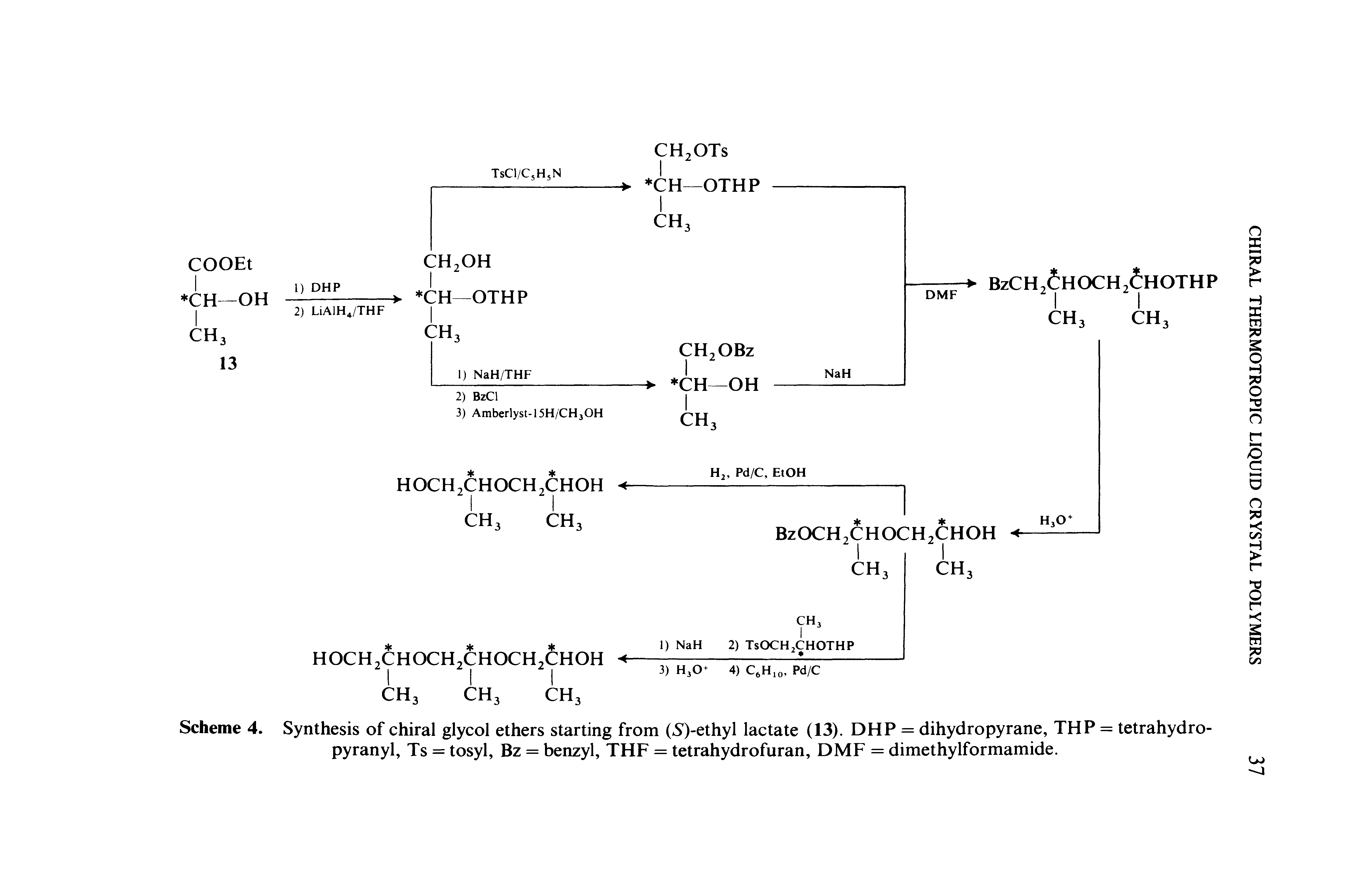 Scheme 4. Synthesis of chiral glycol ethers starting from (S)-ethyl lactate (13). DHP = dihydropyrane, THP = tetrahydro-pyranyl, Ts = tosyl, Bz = benzyl, THE = tetrahydrofuran, DMF = dimethylformamide.