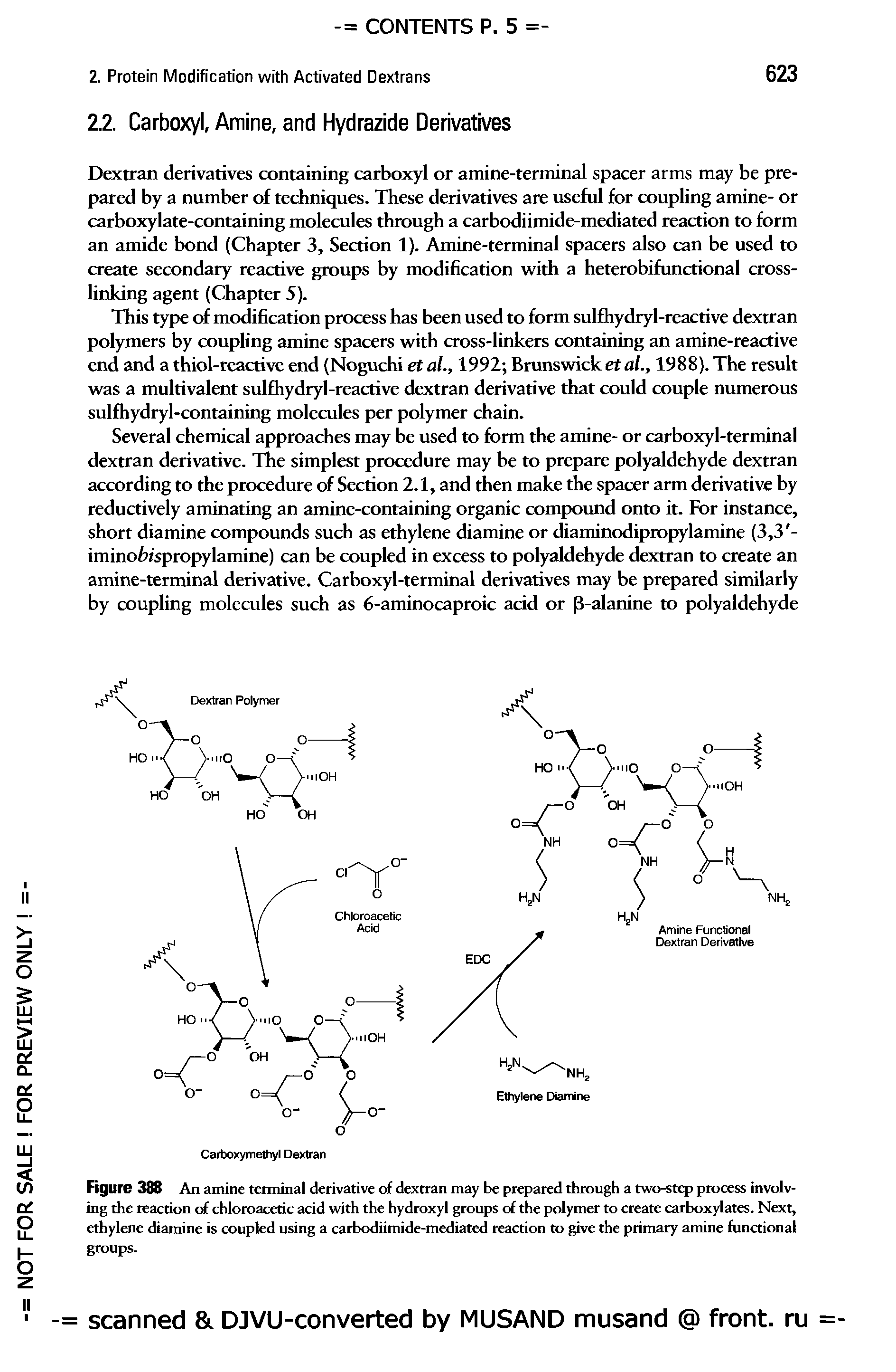 Figure 388 An amine terminal derivative of dextran may be prepared through a two-step process involving the reaction of chloroacetic acid with the hydroxyl groups of the polymer to create carboxylates. Next, ethylene diamine is coupled using a carbodiimide-mediated reaction to give the primary amine functional groups.