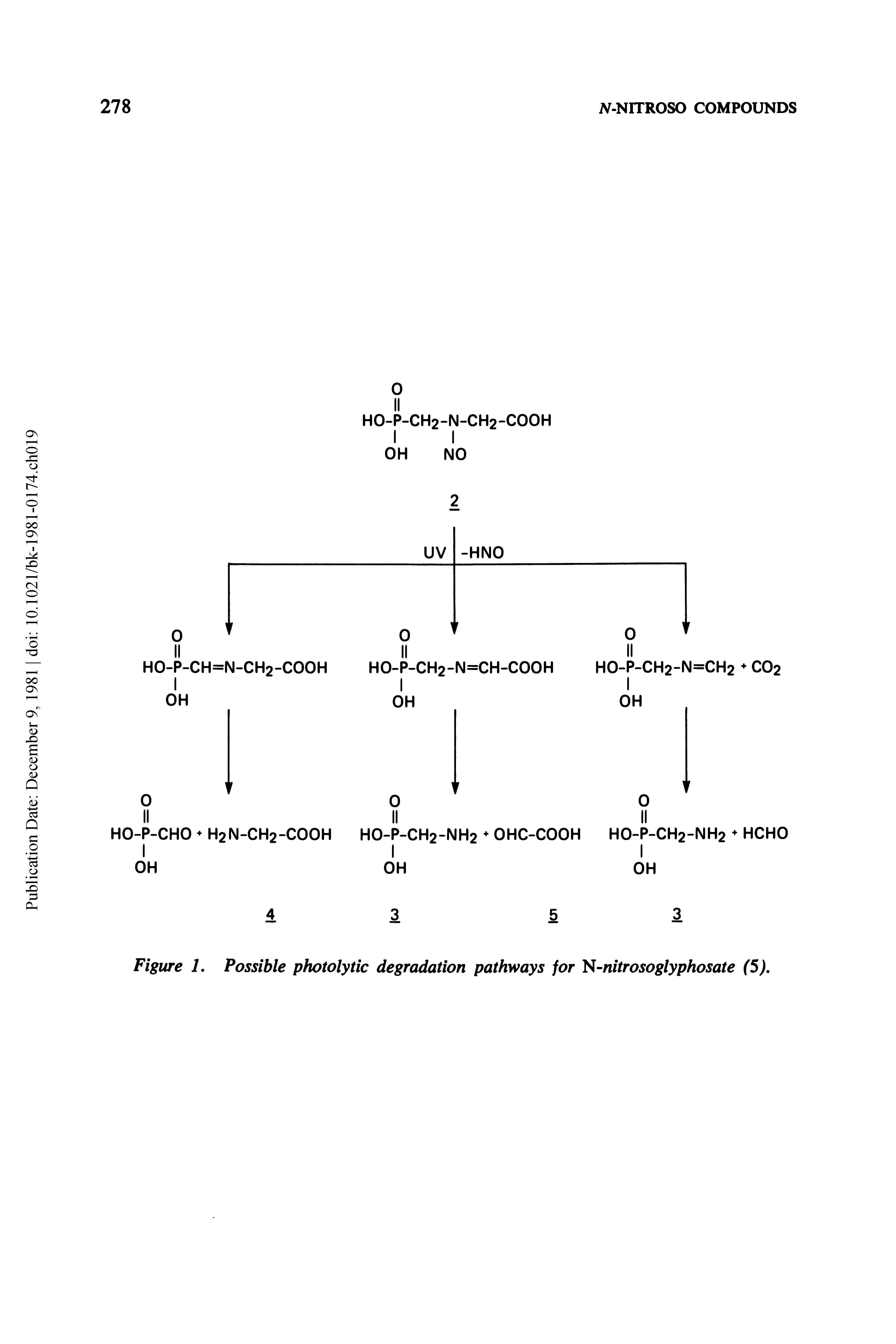 Figure 1, Possible photolytic degradation pathways for l -nitrosoglyphosate (5),...