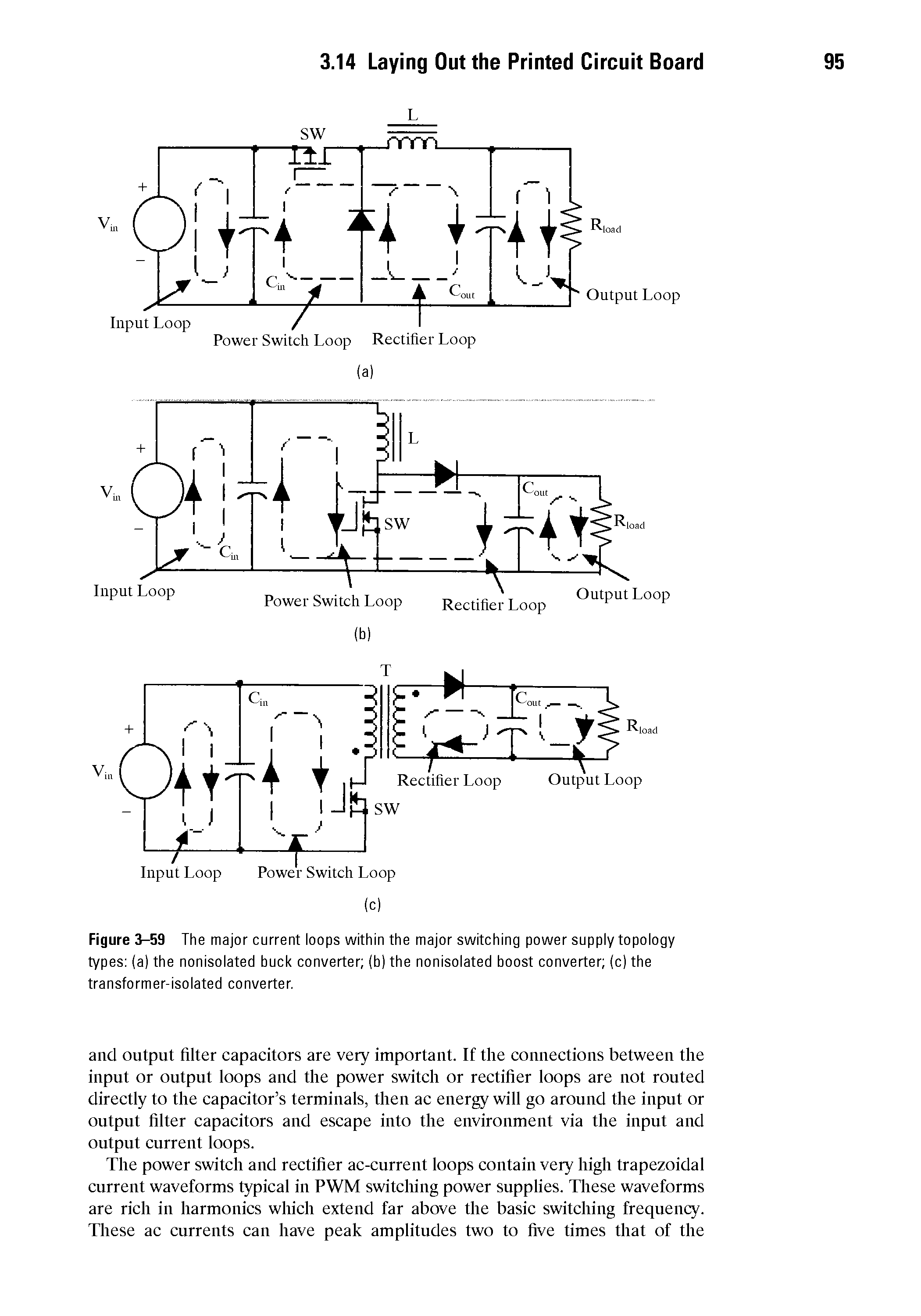 Figure 3-59 The major current loops within the major switching power supply topology types (a) the nonisolated buck converter (h) the nonisolated boost converter (c) the transformer-isolated converter.