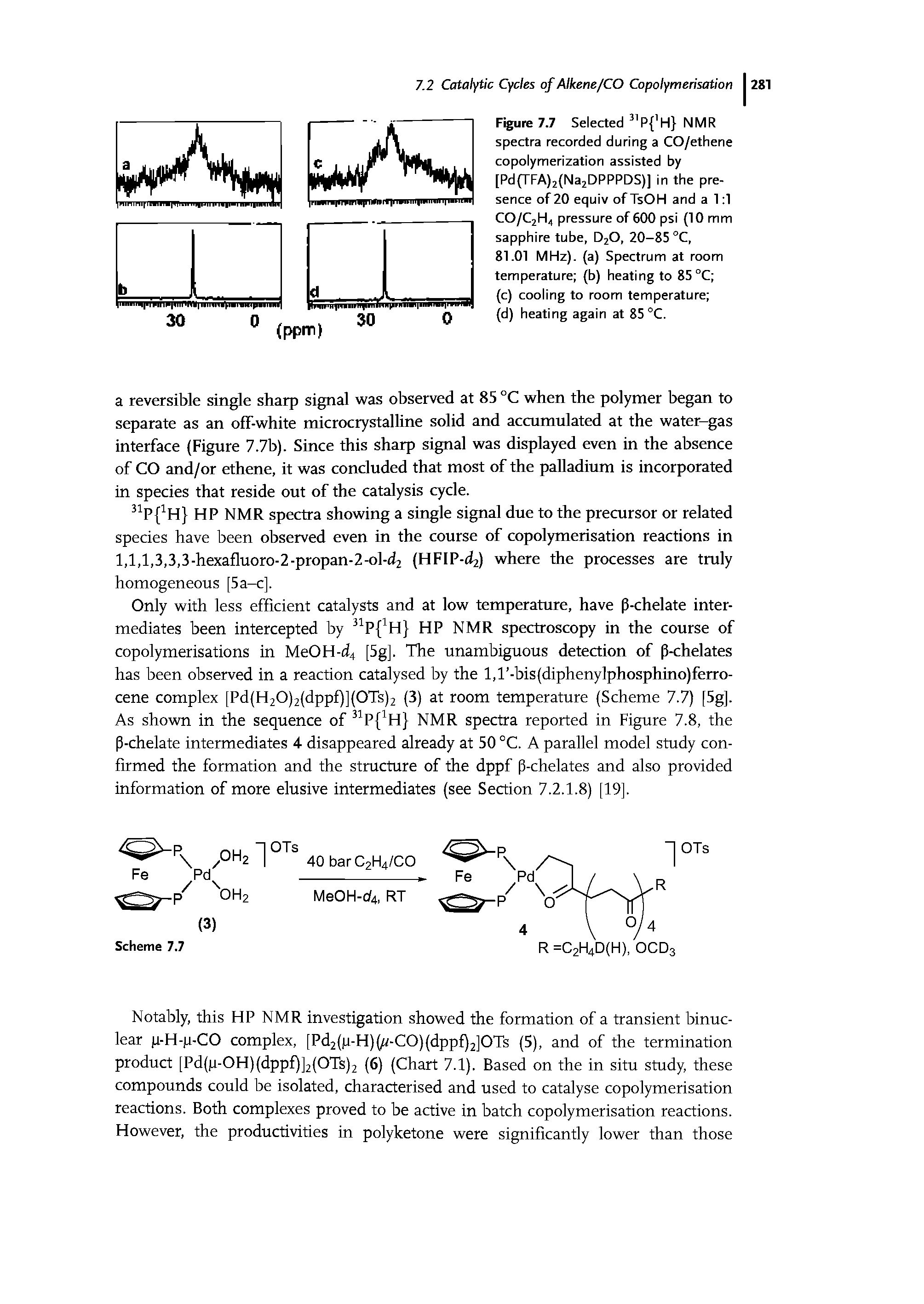 Figure 7.7 Selected P H NMR spectra recorded during a CO/ethene copolymerization assisted by [Pd TFA)2(Na2DPPPDS)] in the presence of 20 equiv of TsOH and a 1 1 CO/C2H4 pressure of 600 psi (10 mm sapphire tube, D2O, 20—85°C,...