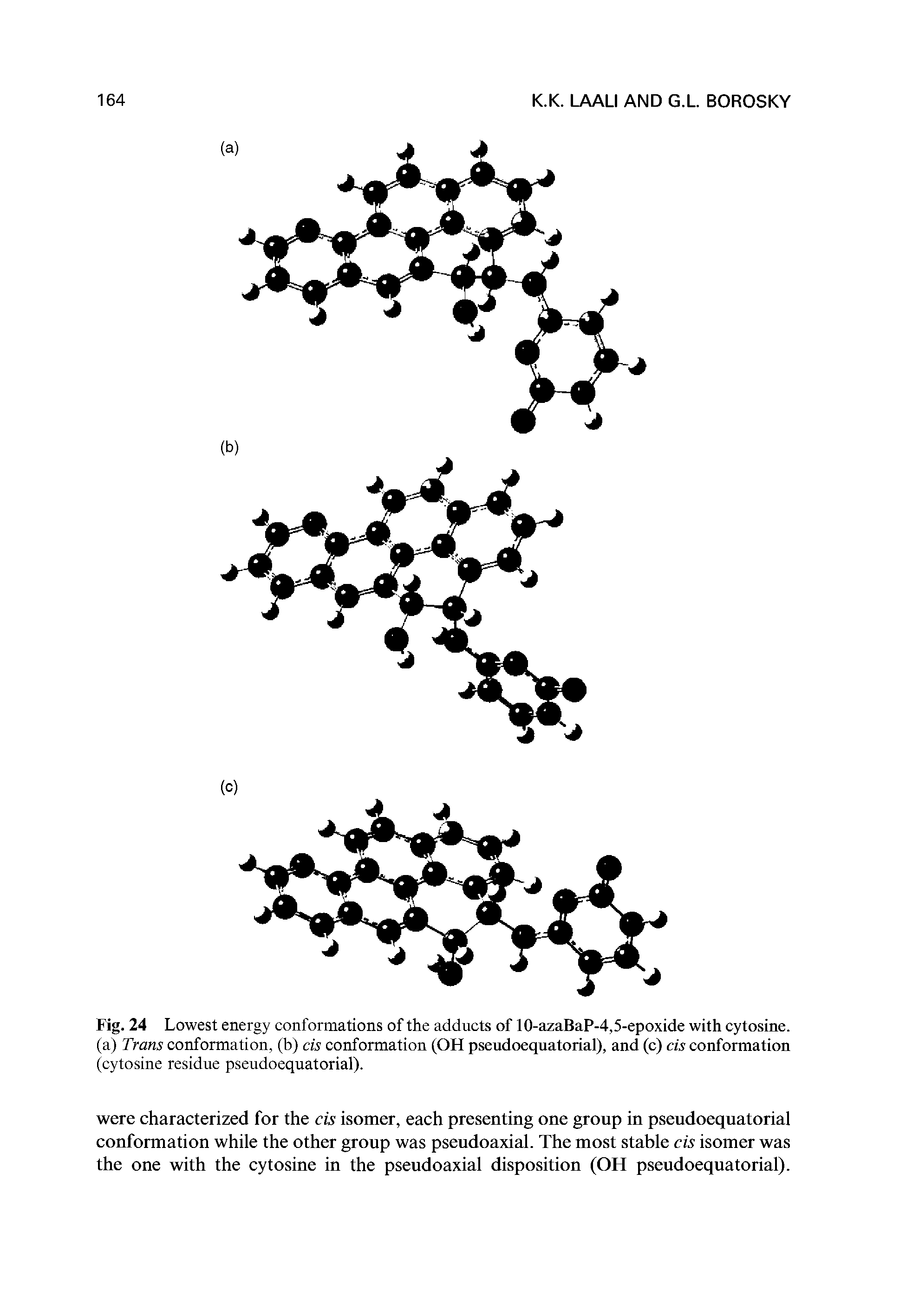 Fig. 24 Lowest energy conformations of the adducts of lO-azaBaP-4,5-epoxide with cytosine, (a) Trans conformation, (b) cis conformation (OH pseudoequatorial), and (c) cis conformation (cytosine residue pseudoequatorial).