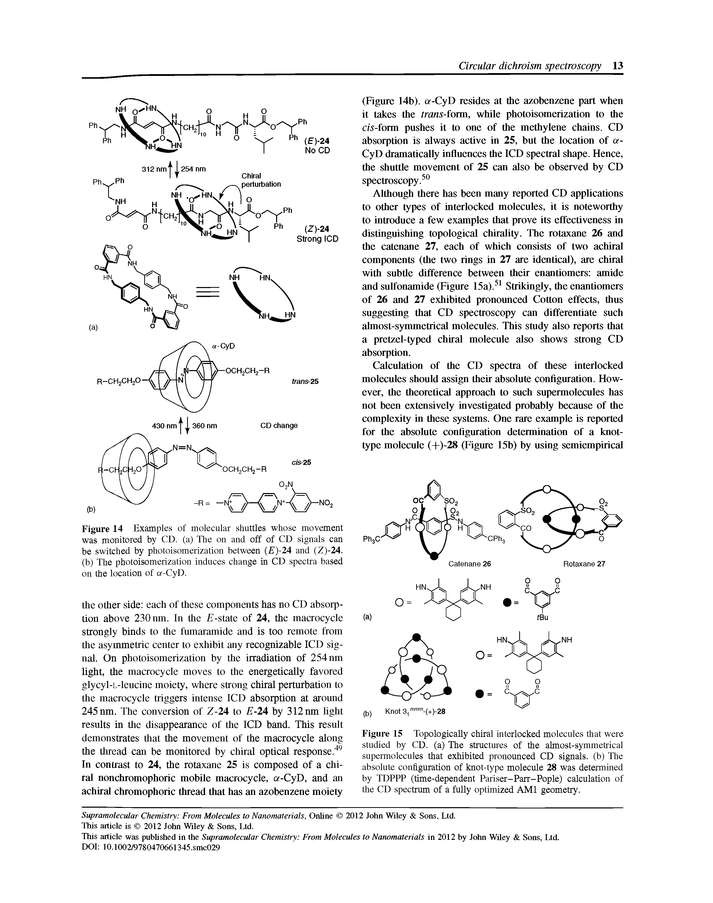 Figure 15 Topologically chiral interlocked molecules that were studied by CD. (a) The structures of the ahnost-symmetrical supermolecules that exhibited pronounced CD signals, (b) The absolute configuration of knot-type molecule 28 was determined by TDPPP (time-dependent Pariser-Parr-Pople) calculation of the CD spectrum of a fully optimized AMI geometry.