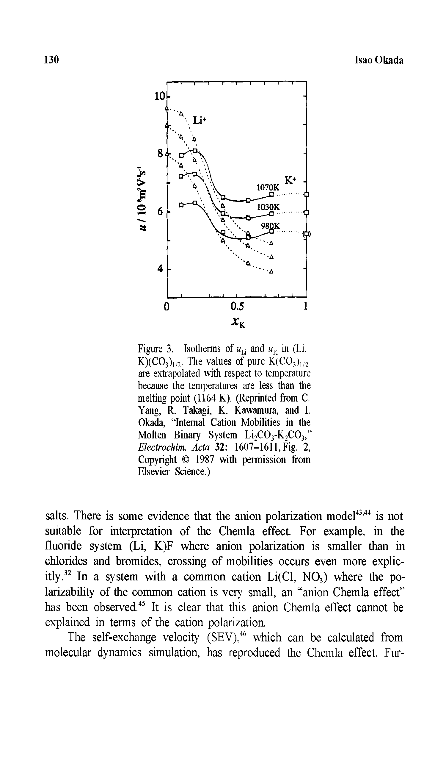 Figure 3. Isotherms of and in (Li, K)(C03)i/2. The values of pure K(C03)i/2 are extrapolated with respect to temperature because the temperatures are less than the melting point (1164 K). (Reprinted from C. Yang, R. Takagi, K. Kawamura, and I. Okada, Internal Cation Mobilities in the Molten Binary System Li2C03-K2C03, Electrochim. Acta 32 1607-1611, Fig. 2, Copyright 1987 with permission from Elsevier Science.)...