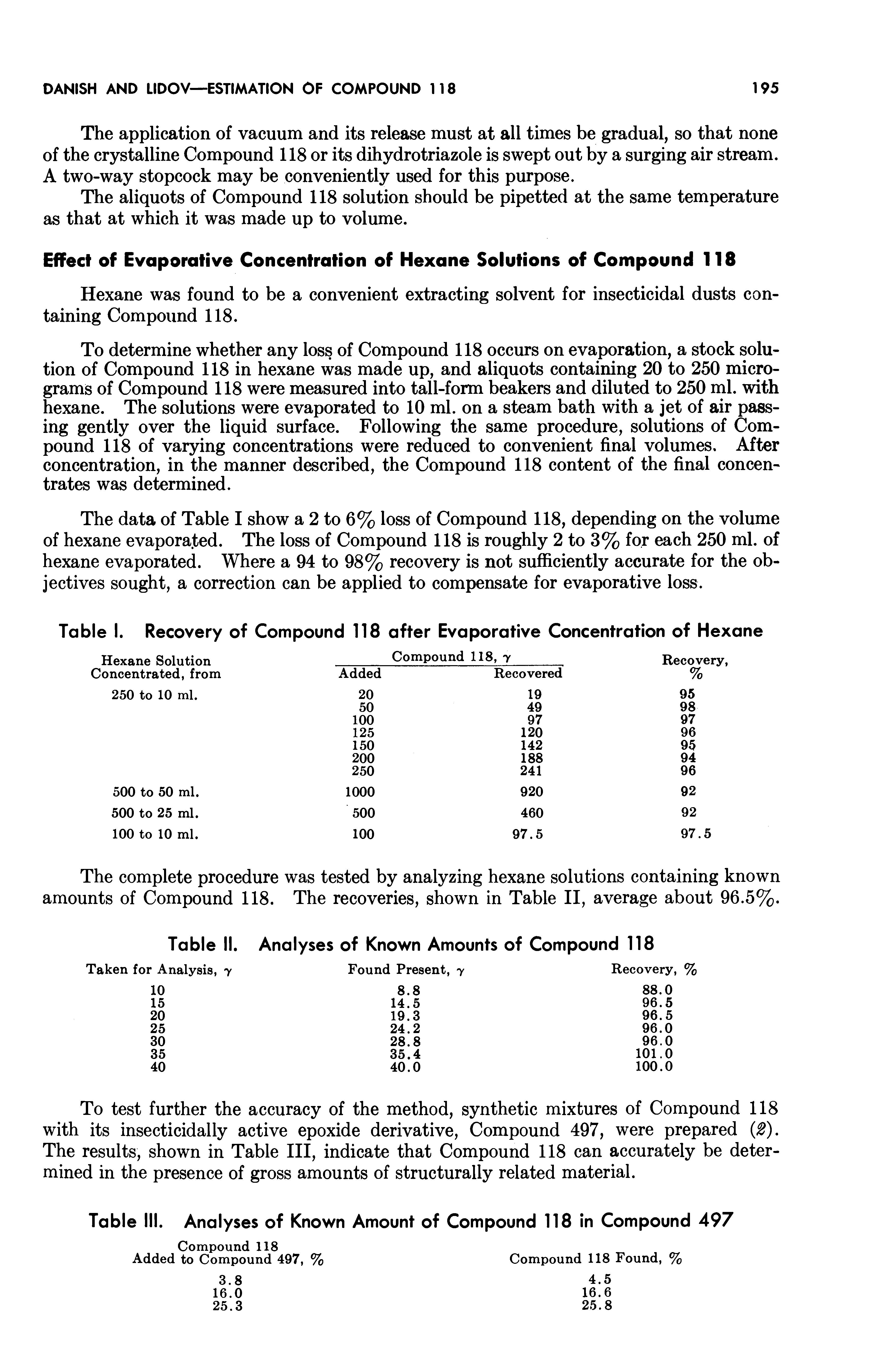 Table I. Recovery of Compound 118 after Evaporative Concentration of Hexane...