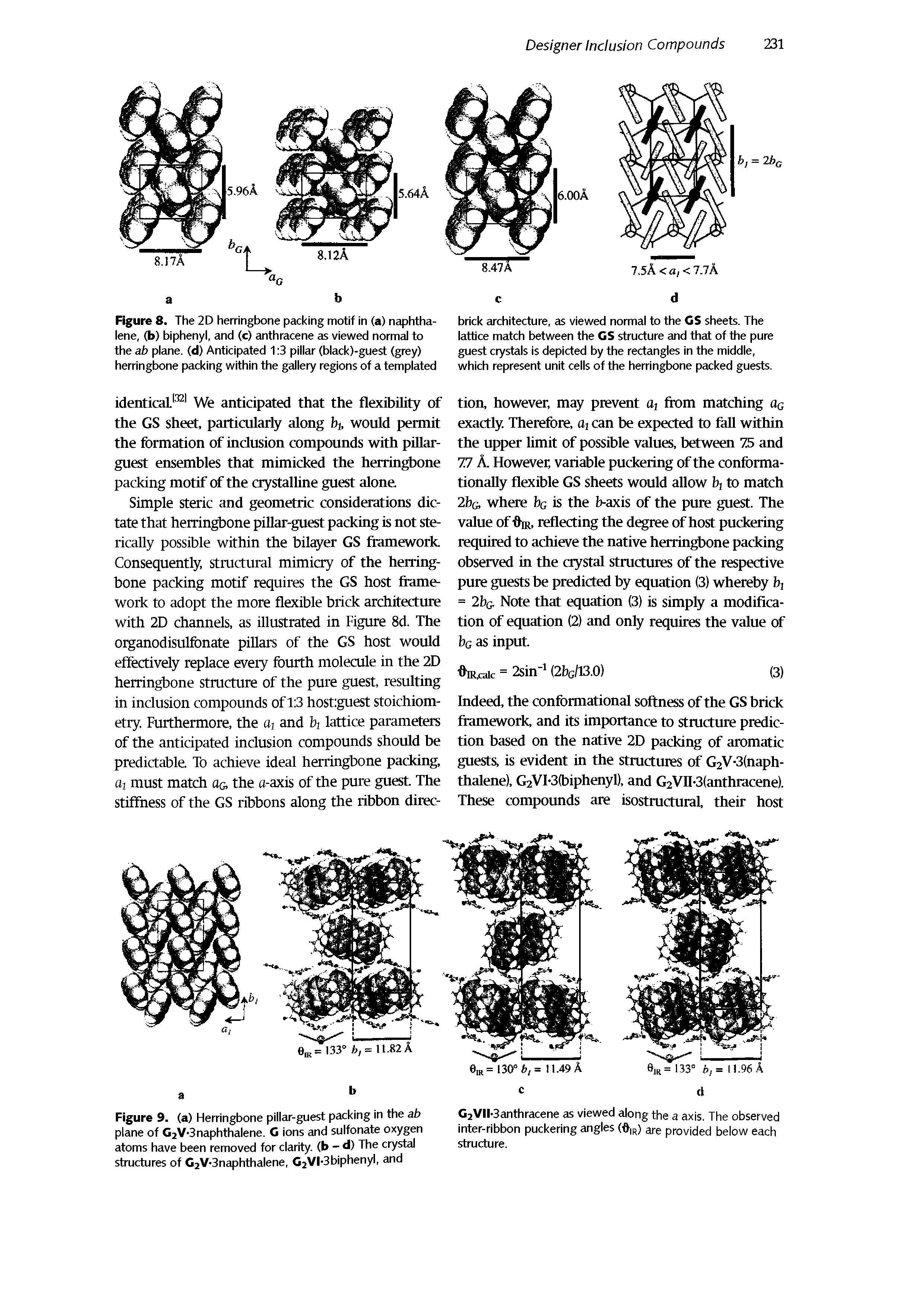 Figure 8. The 2D herringbone packing motif in (a) naphthalene, (b) biphenyl, and (c) anthracene as viewed normal to the ab plane, (d) Anticipated 1 3 pillar (black)-guest (grey) herringbone packing within the gallery regions of a templated...