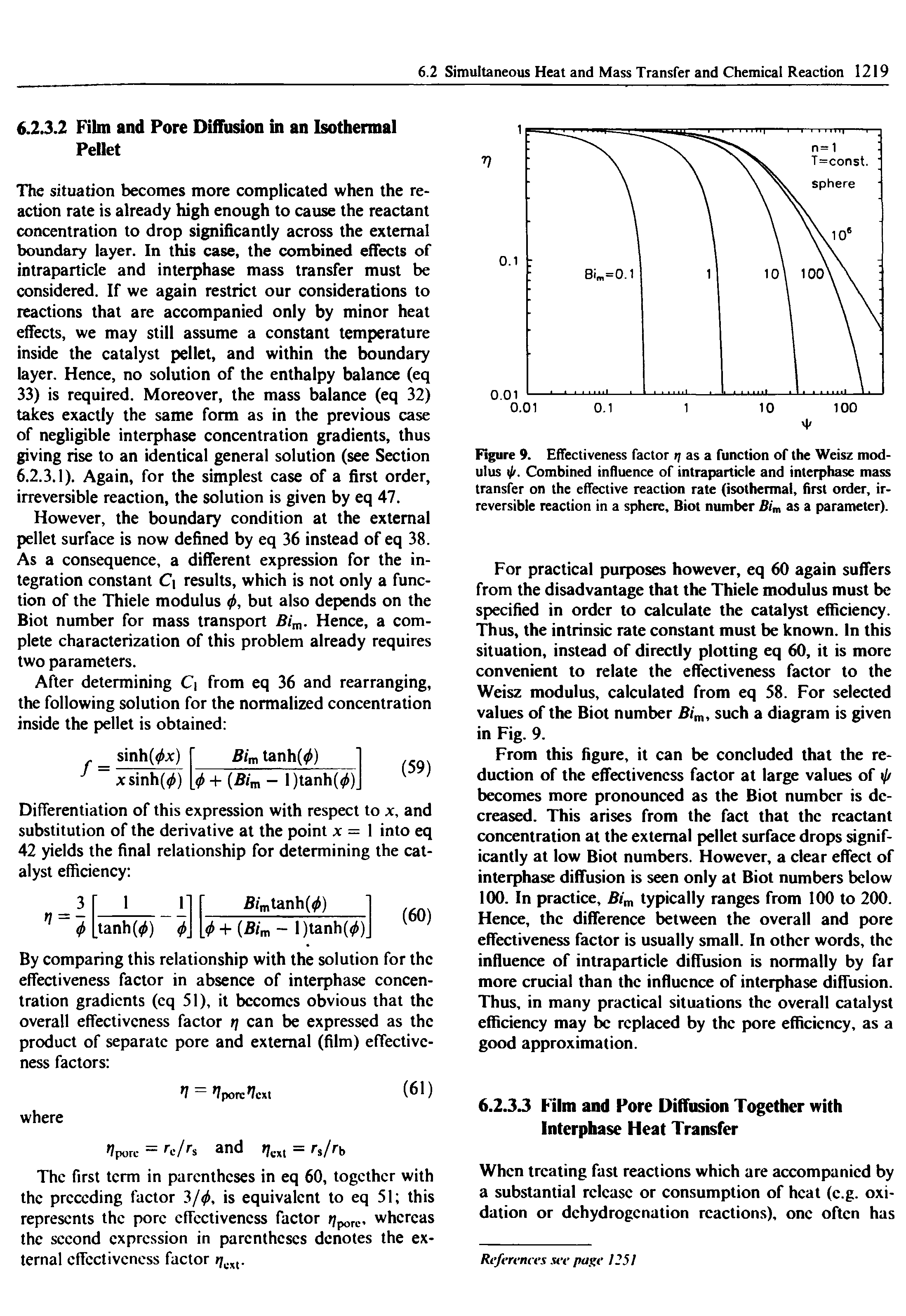 Figure 9. Effectiveness factor ij as a function of the Weisz modulus iji. Combined influence of intraparticle and interphase mass transfer on the effective reaction rate (isothermal, first order, irreversible reaction in a sphere, Biot number Bim as a parameter).