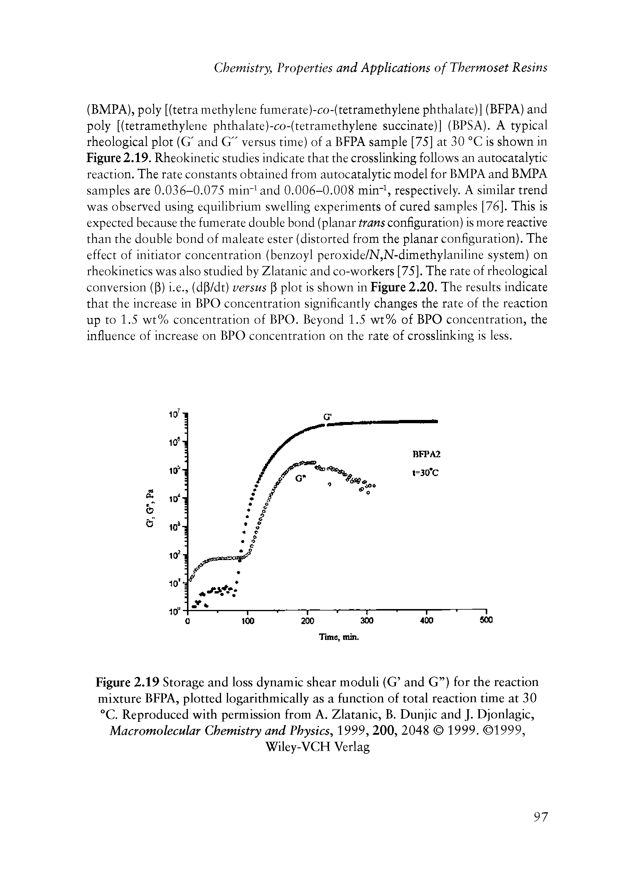 Figure 2.19 Storage and loss dynamic shear moduli (G and G ) for the reaction mixture BFPA, plotted logarithmically as a function of total reaction time at 30 "C. Reproduced with permission from A. Zlatanic, B. Dunjic and J. Djonlagic, Macromolecular Chemistry and Physics, 1999,200, 2048 1999. 1999,...