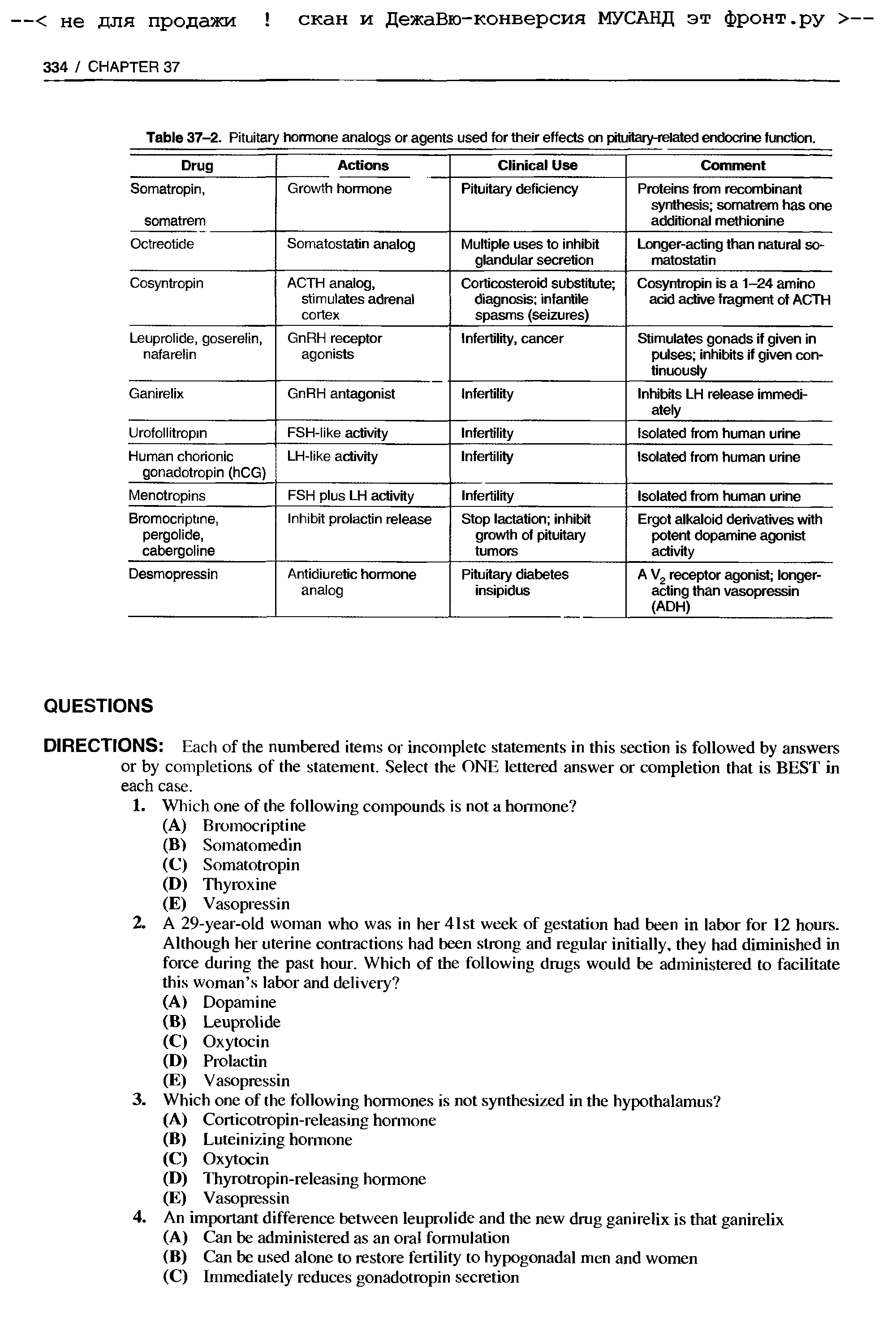 Table 37-2. Pituitary hormone analogs or agents used for their effects on pituitary-related endocrine function.