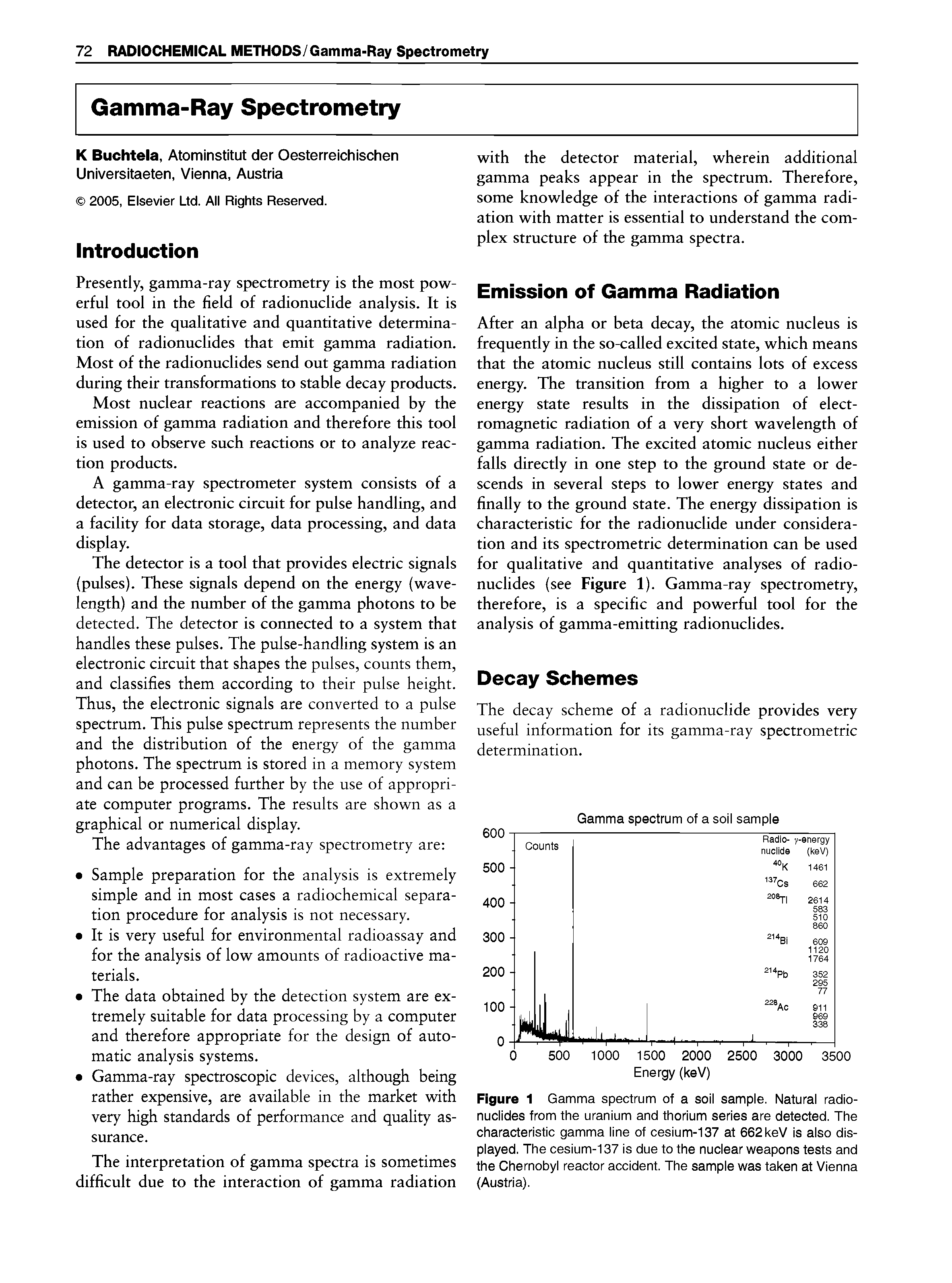 Figure 1 Gamma spectrum of a soil sample. Natural radionuclides from the uranium and thorium series are detected. The characteristic gamma line of cesium-137 at 662 keV is also displayed. The cesium-137 is due to the nuclear weapons tests and the Chernobyl reactor accident. The sample was taken at Vienna (Austria).