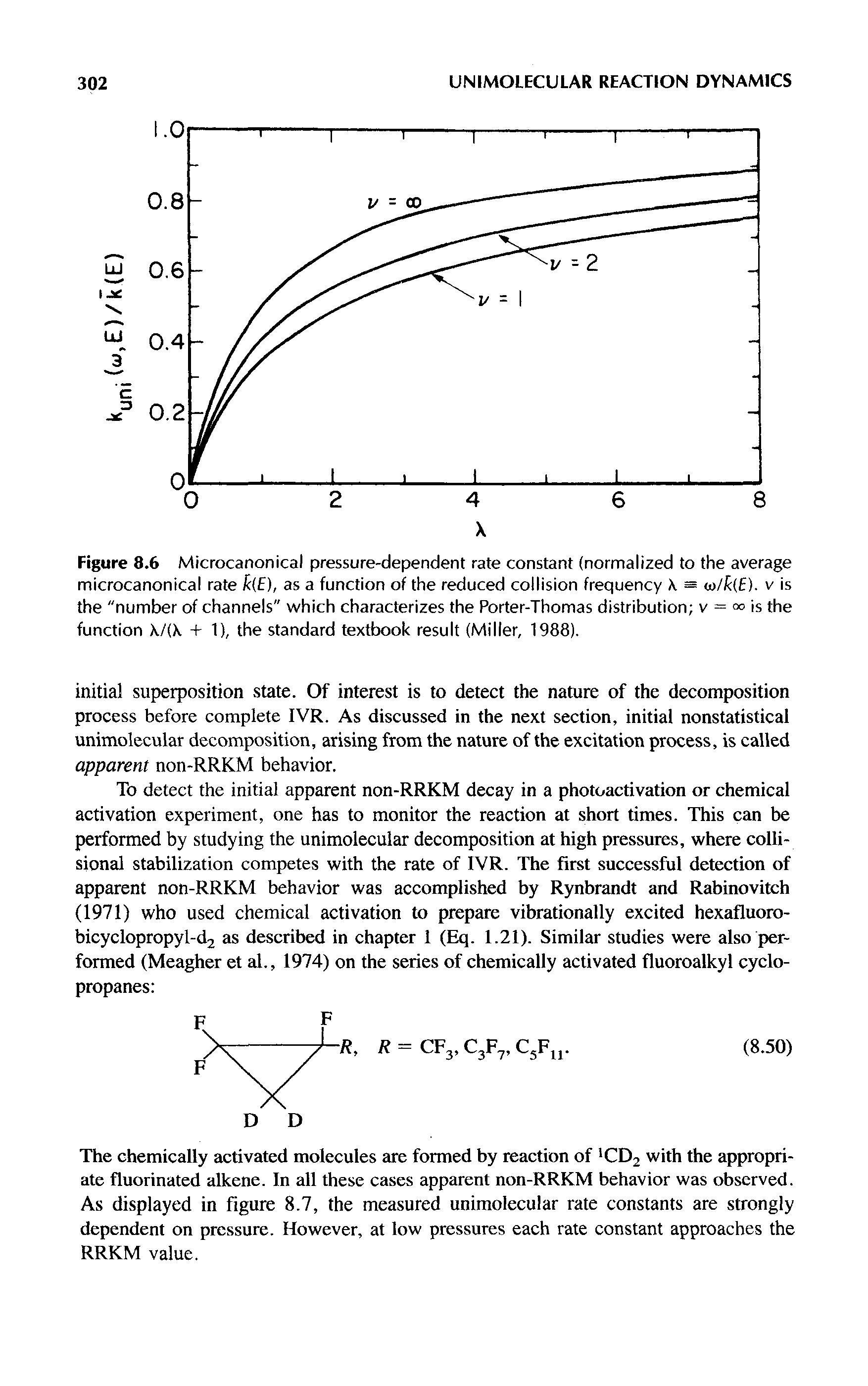 Figure 8.6 Microcanonical pressure-dependent rate constant (normalized to the average microcanonical rate /c(f), as a function of the reduced collision frequency = <j)/k(E). v is the "number of channels" which characterizes the Porter-Thomas distribution v = is the function X/( -f- 1), the standard textbook result (Miller, 1988).
