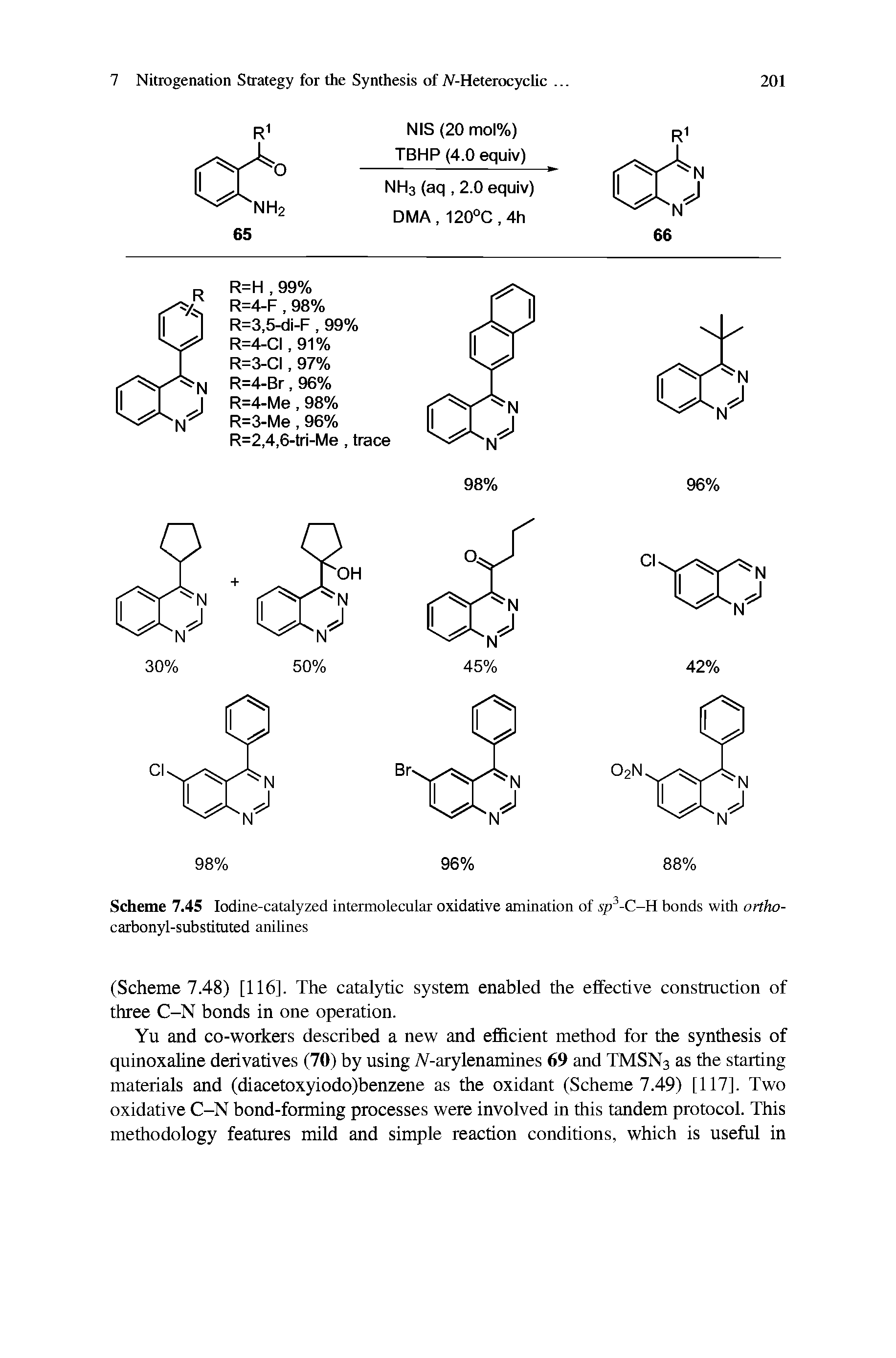 Scheme 7.45 Iodine-catalyzed intermolecular oxidative amination of sp -C-H bonds with ortho-carbonyl-substituted anilines...