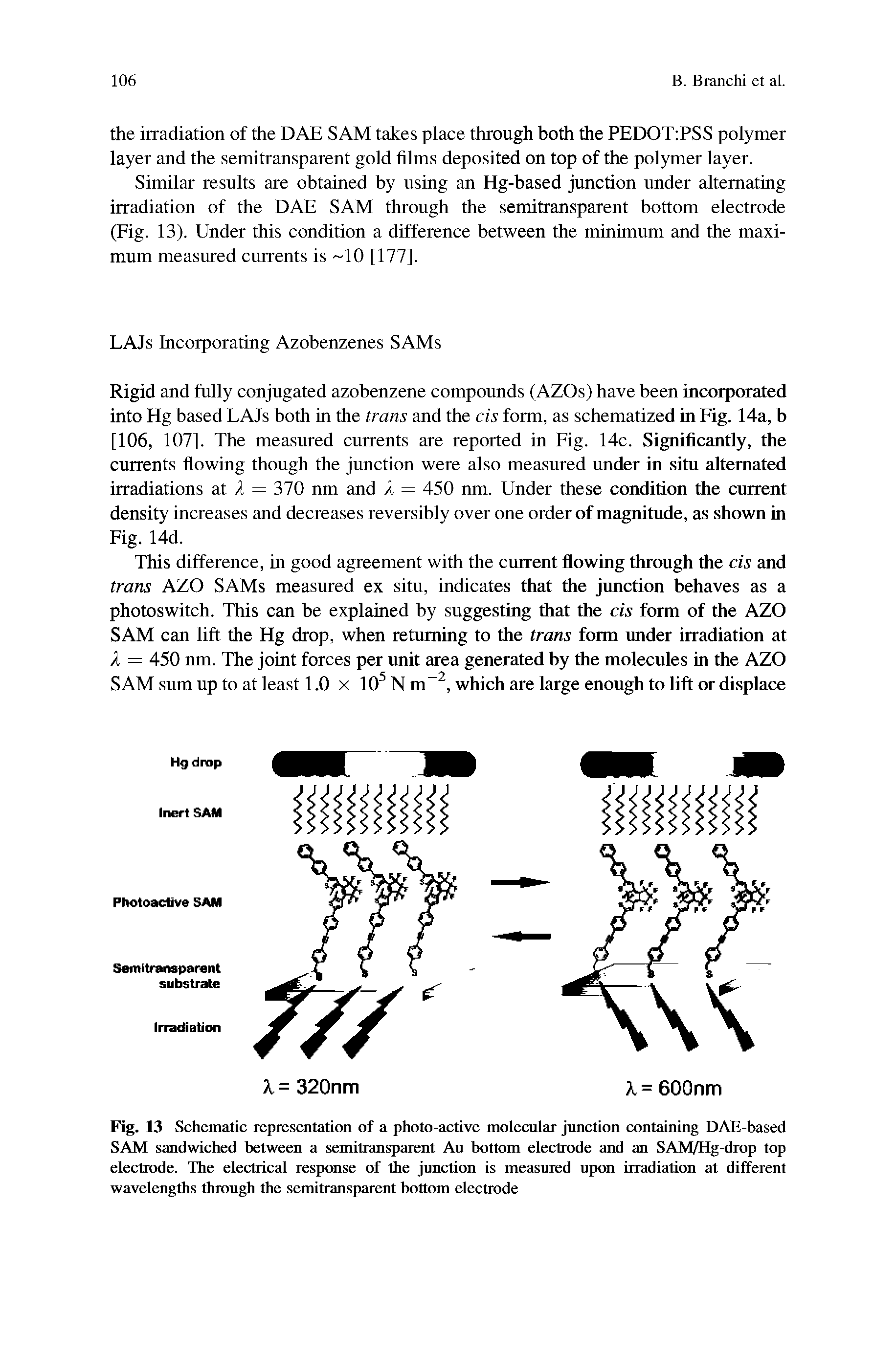 Fig. 13 Schematic representation of a photo-active molecular junction containing DAE-based SAM sandwiched between a semitransparent Au bottom electrode and an SAM/Hg-drop top electrode. The electrical response of the junction is measured upon irradiation at different wavelengths through the semitransparent bottom electrode...