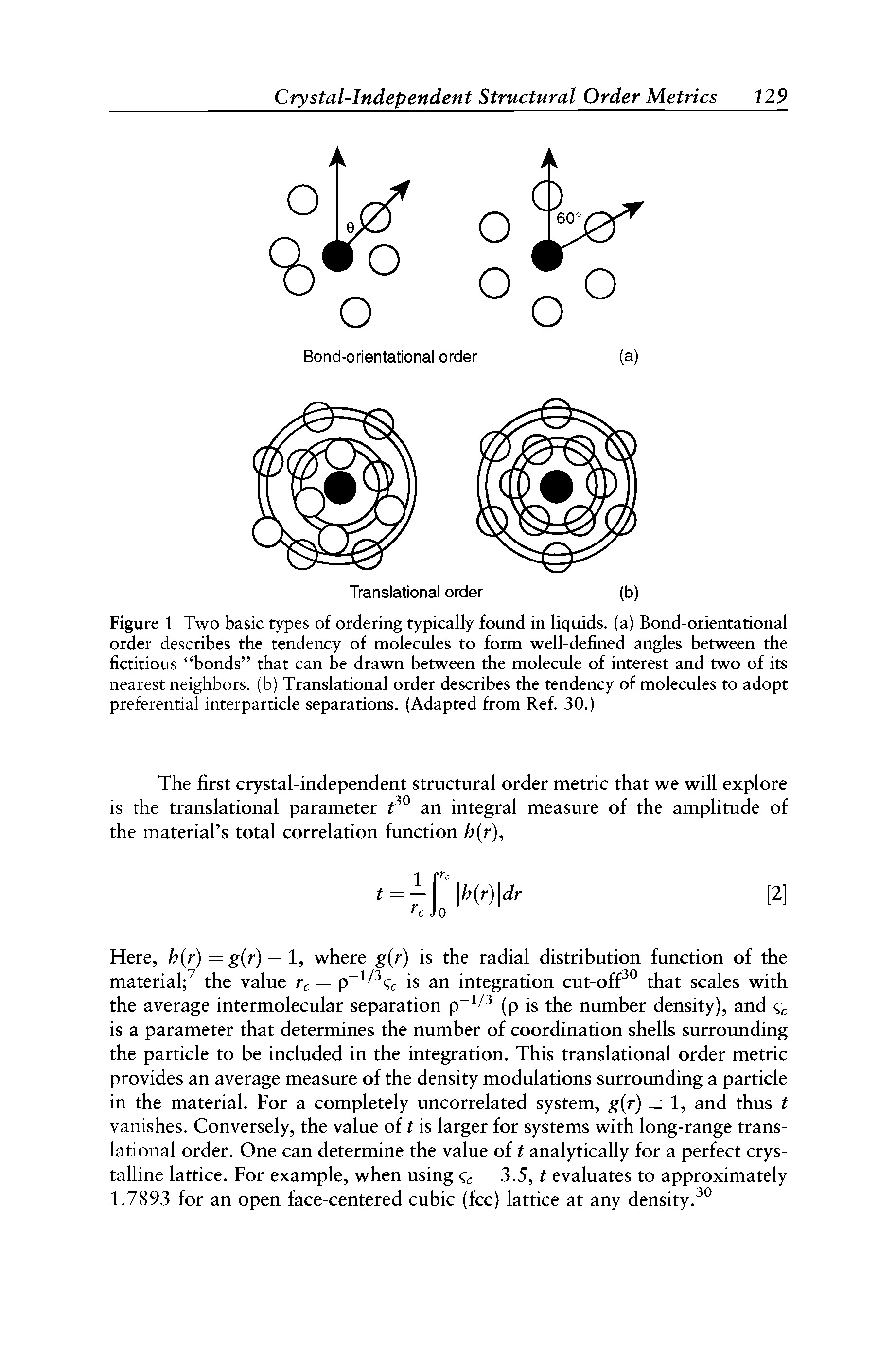 Figure 1 Two basic types of ordering typically found in liquids, (a) Bond-orientational order describes the tendency of molecules to form well-defined angles between the fictitious bonds that can be drawn between the molecule of interest and two of its nearest neighbors, (b) Translational order describes the tendency of molecules to adopt preferential interparticle separations. (Adapted from Ref. 30.)...