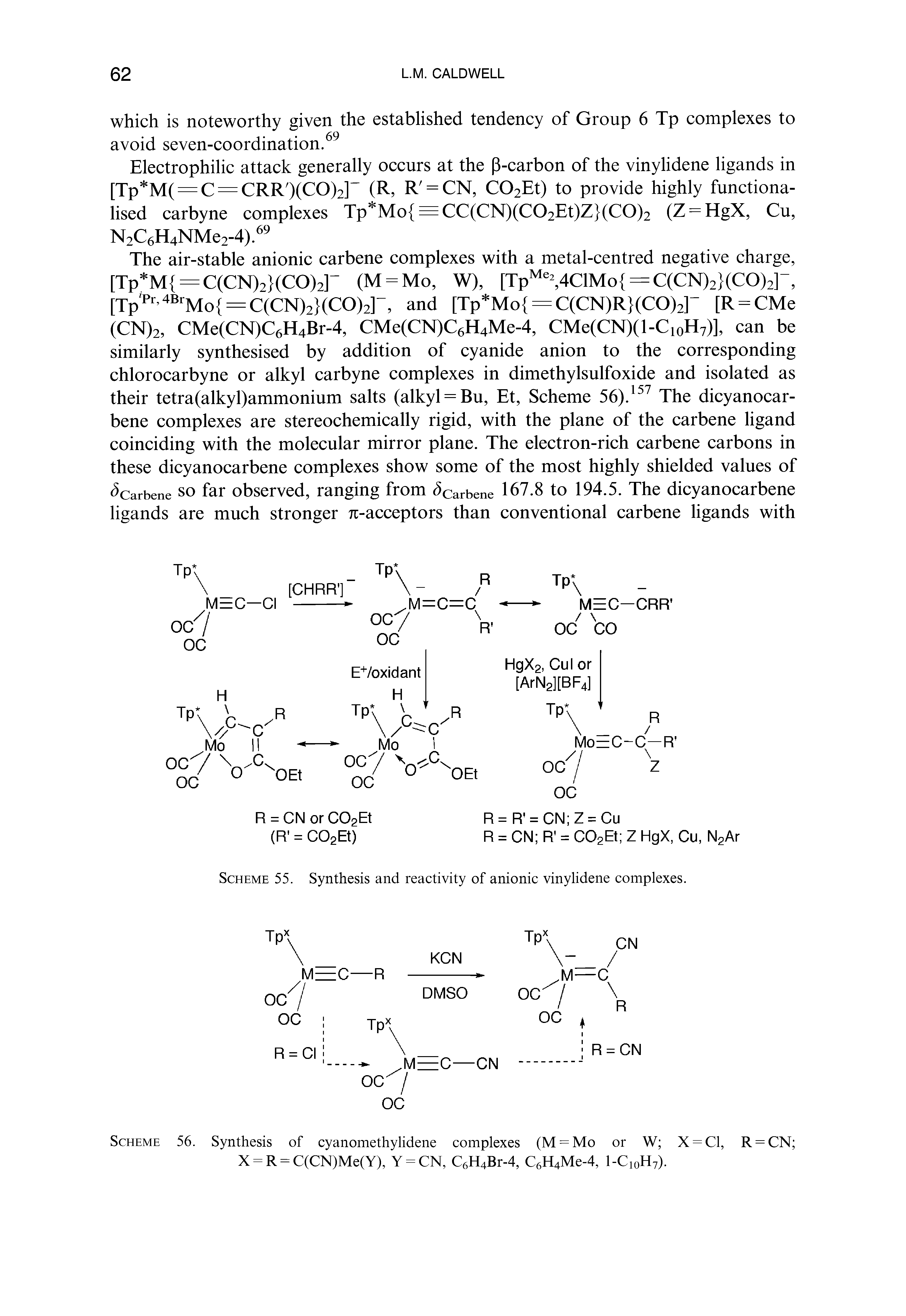 Scheme 55. Synthesis and reactivity of anionic vinylidene complexes.
