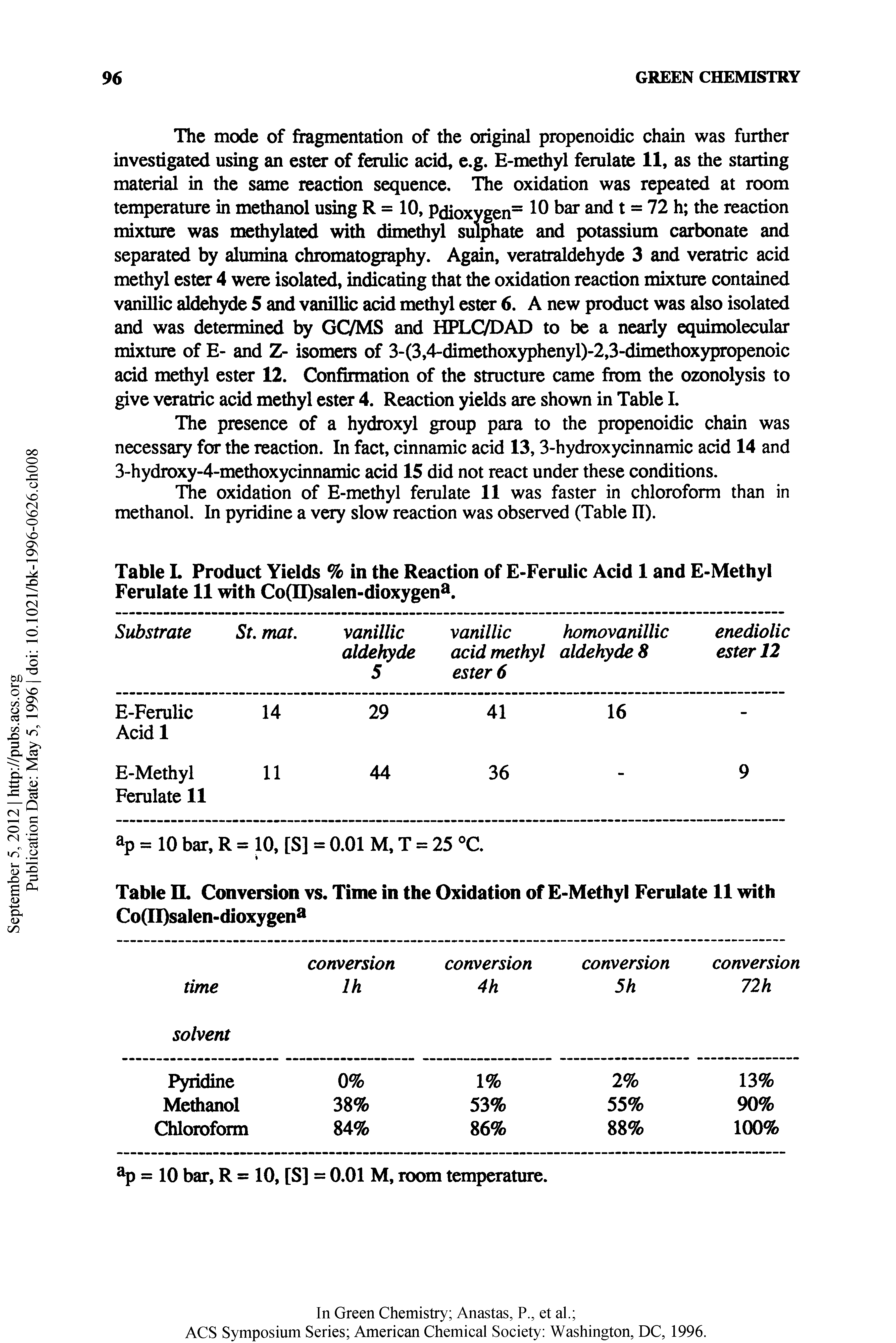Table L Product Yields % in the Reaction of E-Ferulic Acid 1 and E-Methyl Ferulate 11 with Co(II)salen-dioxygen. ...