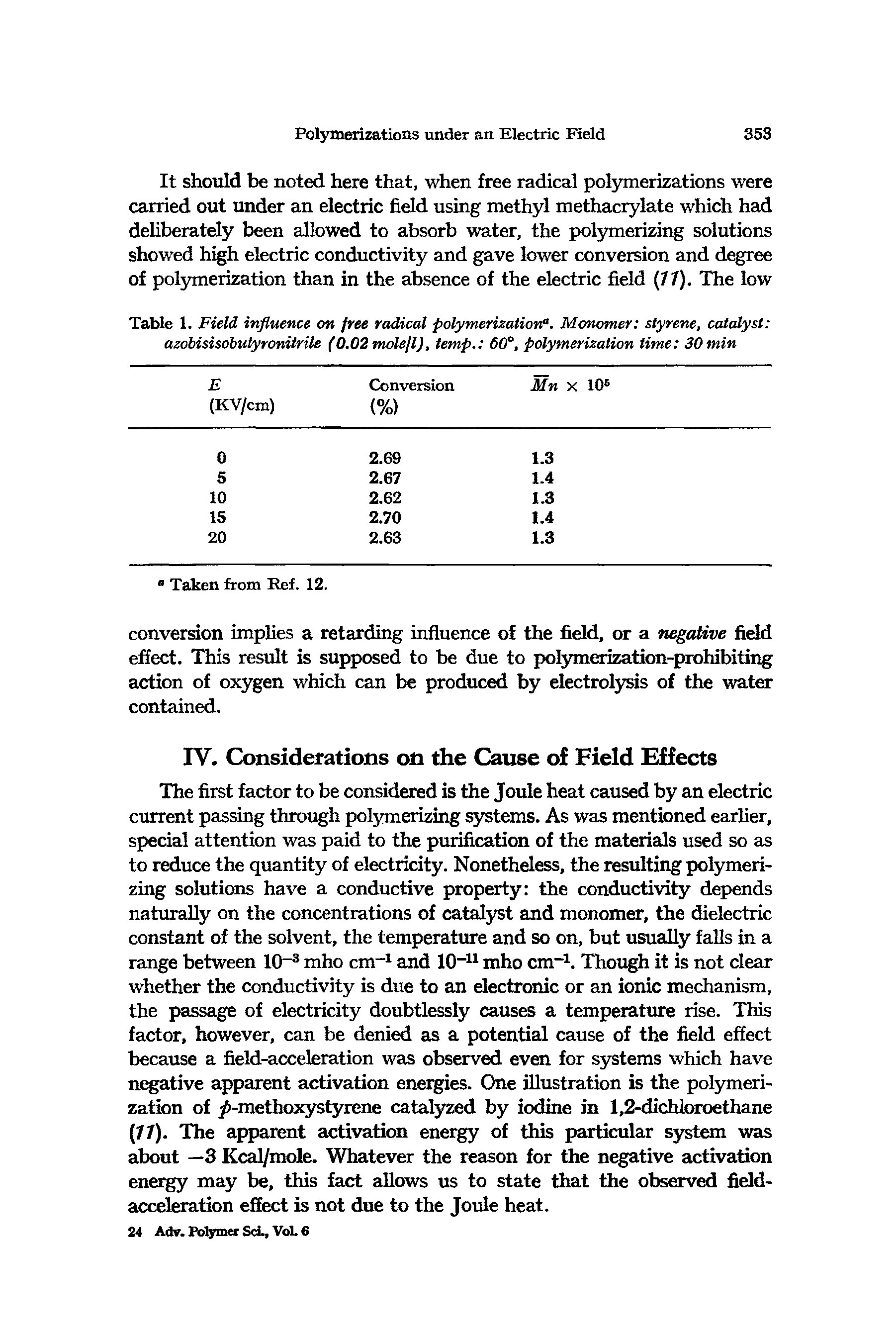 Table 1. Field influence on free radical polymerization . Monomer styrene, catalyst azobisisobutyronitrile (0.02 mole/l), temp. 60°, polymerization time 30min...