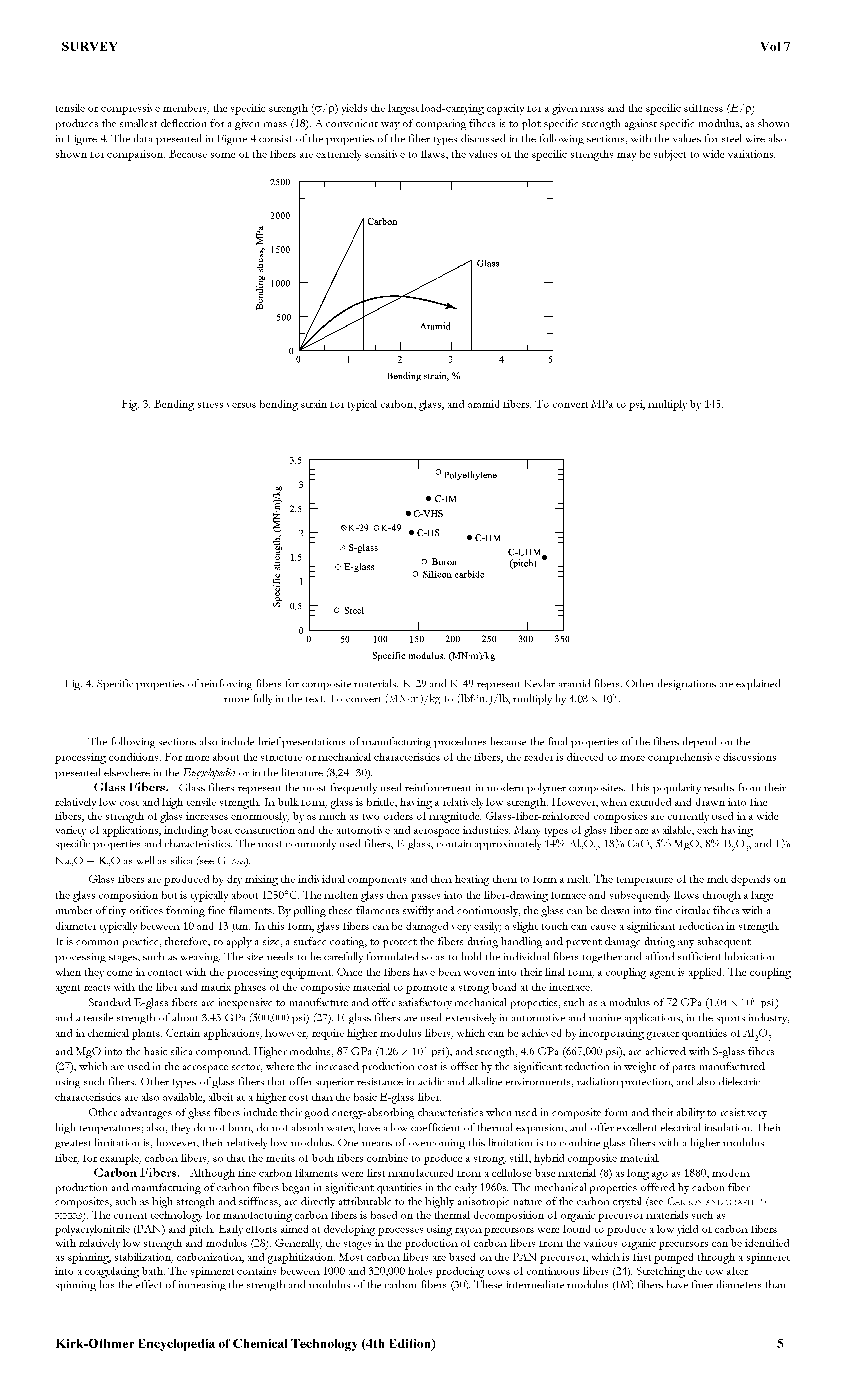 Fig. 4. Specific properties of reinforcing fibers for composite materials. K-29 and K-49 represent Kevlar aramid fibers. Other designations are explained...