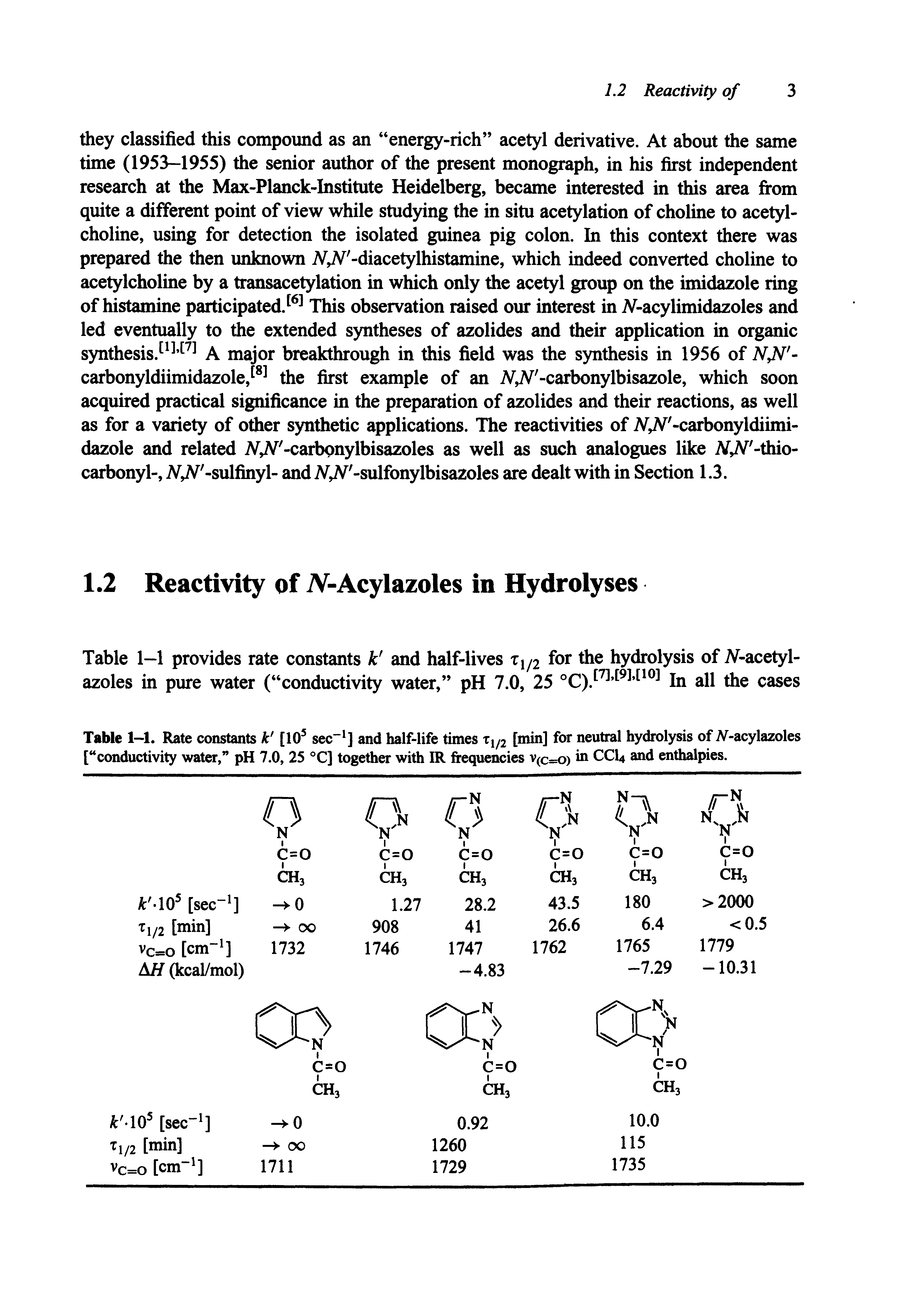 Table 1—1. Rate constants k [105 sec-1] and half-life times t1/2 [min] for neutral hydrolysis of iV-acylazoles [ conductivity water, pH 7.0, 25 °C] together with IR frequencies v(C=o) in CC14 and enthalpies.