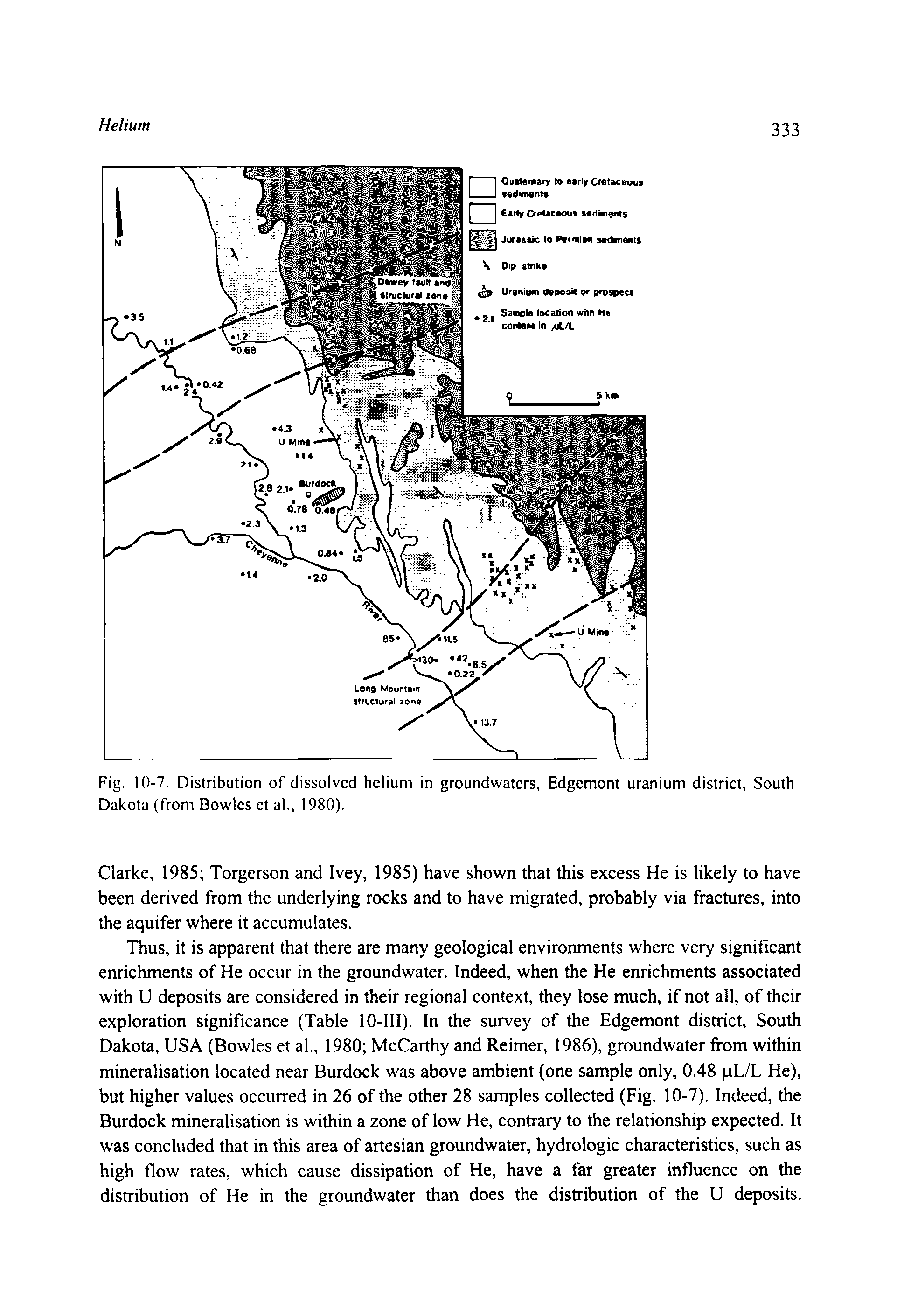 Fig. 10-7. Distribution of dissolved helium in groundwaters, Edgemont uranium district, South Dakota (from Bowles ct al., 1980).