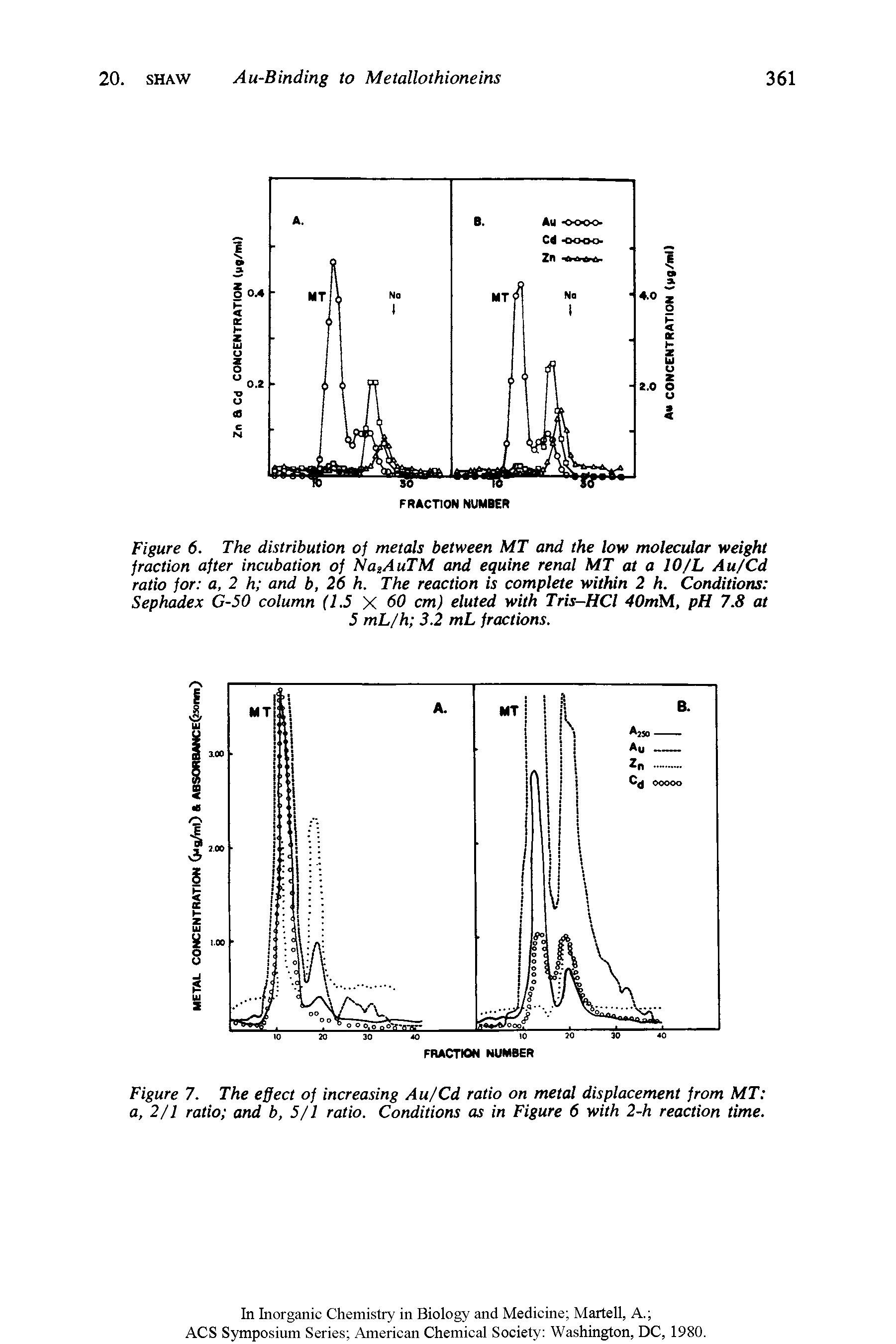 Figure 6. The distribution of metals between MT and the low molecular weight fraction after incubation of NotAuTM and equine renal MT at a lO/L Au/Cd ratio for a, 2 h and b, 26 h. The reaction is complete within 2 h. Conditions Sephadex G-50 column (1.5 X 60 cm) eluted with Tris-HCl 40mM, pH 7.8 at 5 mL/h 3.2 mL fractions.