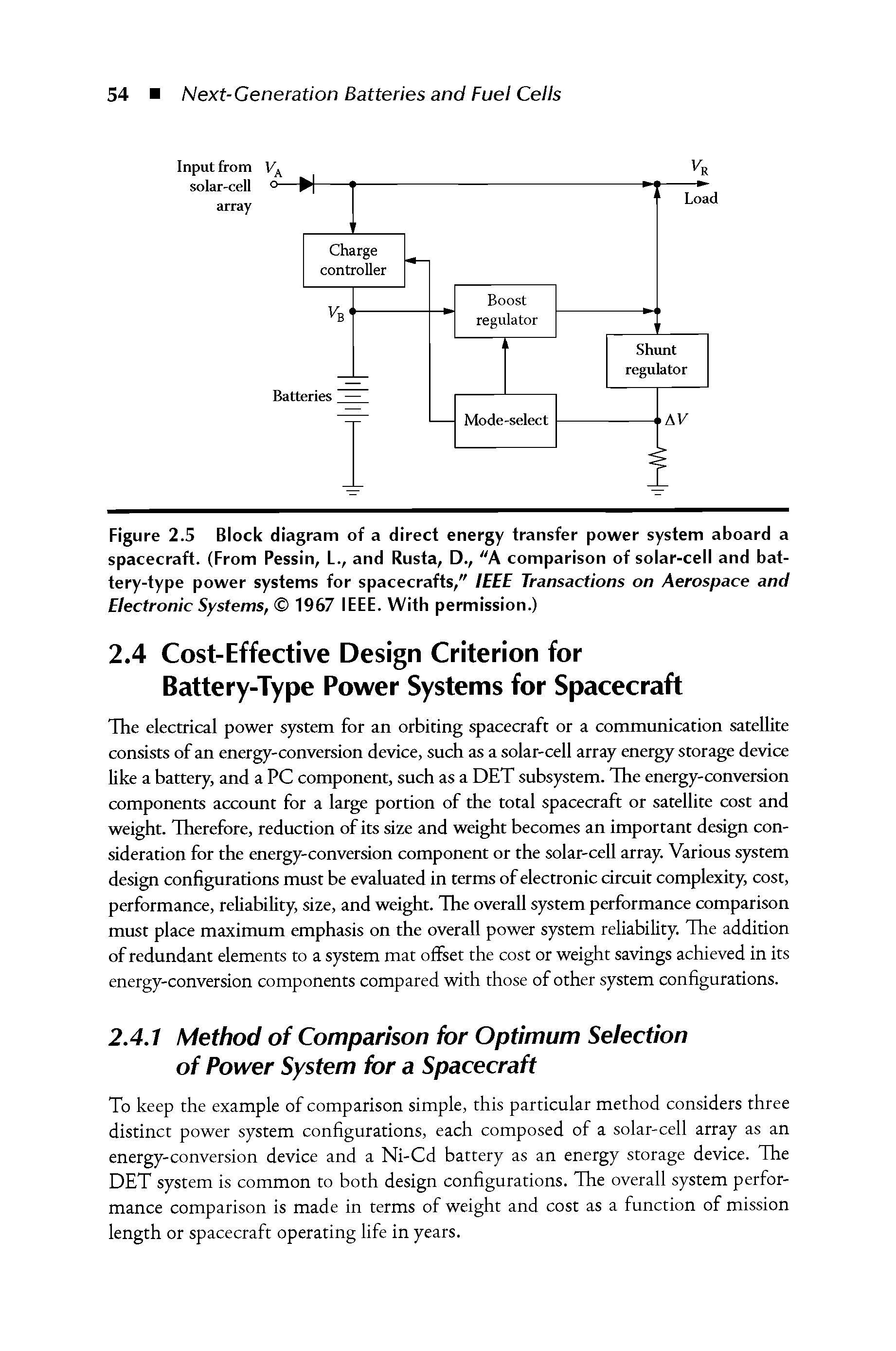 Figure 2.5 Block diagram of a direct energy transfer power system aboard a spacecraft. (From Pessin, L., and Rusta, D., "A comparison of solar-cell and battery-type power systems for spacecrafts," IEEE Transactions on Aerospace and Electronic Systems, 1967 IEEE. With permission.)...