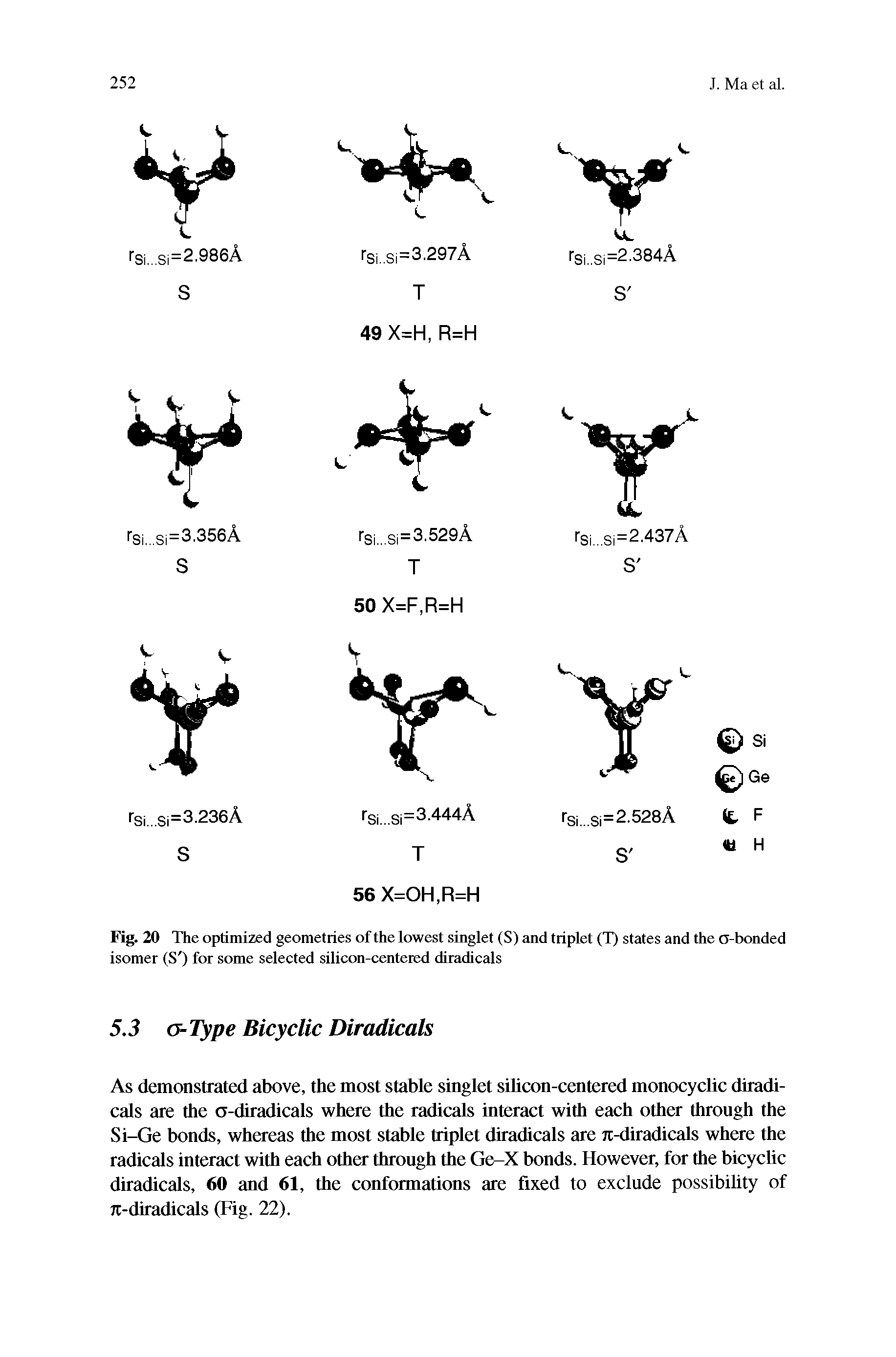 Fig. 20 The optimized geometries of the lowest singlet (S) and triplet (T) states and the a-bonded isomer (S ) for some selected silicon-centered diradicals...