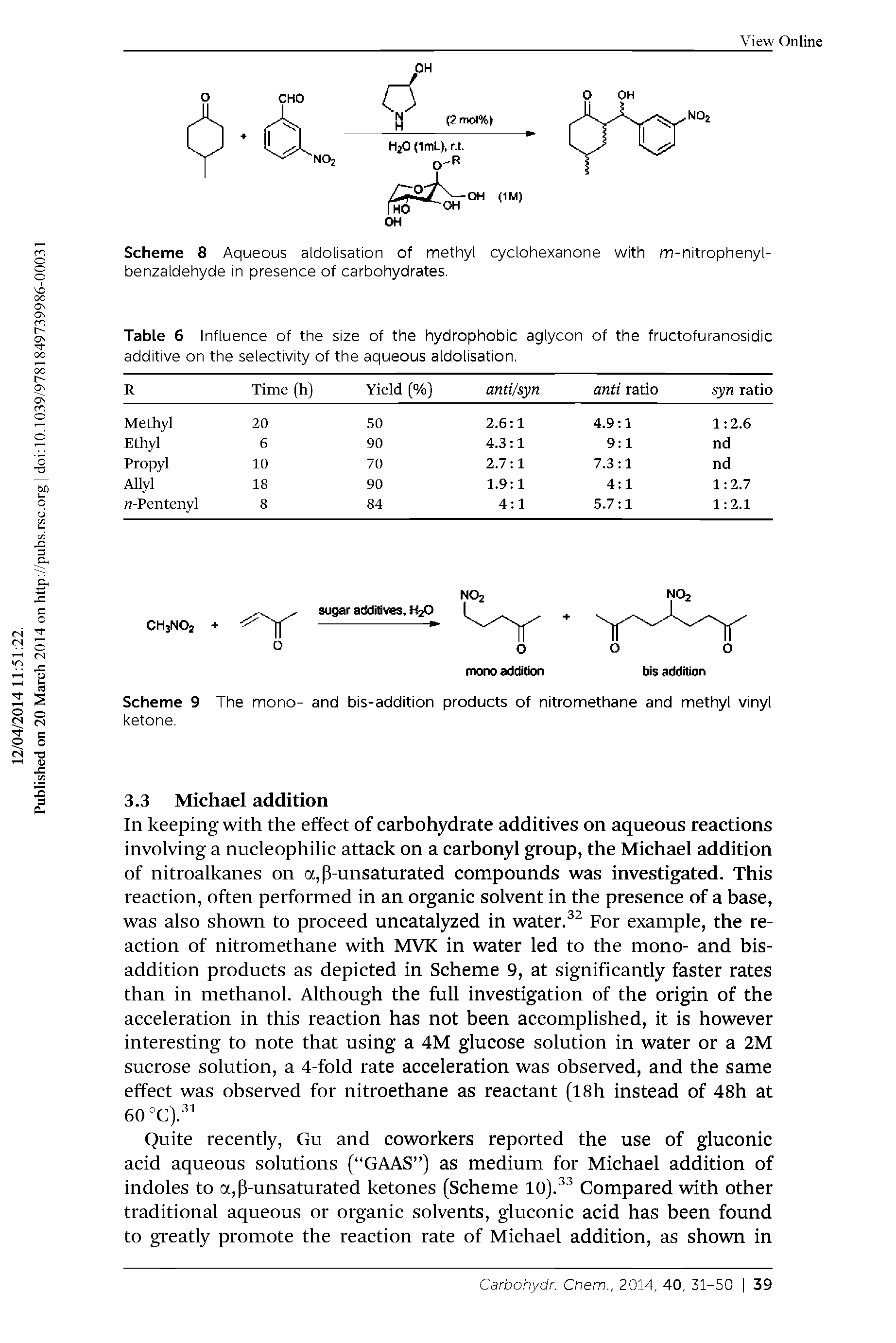 Table 6 Influence of the size of the hydrophobic aglycon of the fructofuranosidic additive on the selectivity of the aqueous aldolisation,...