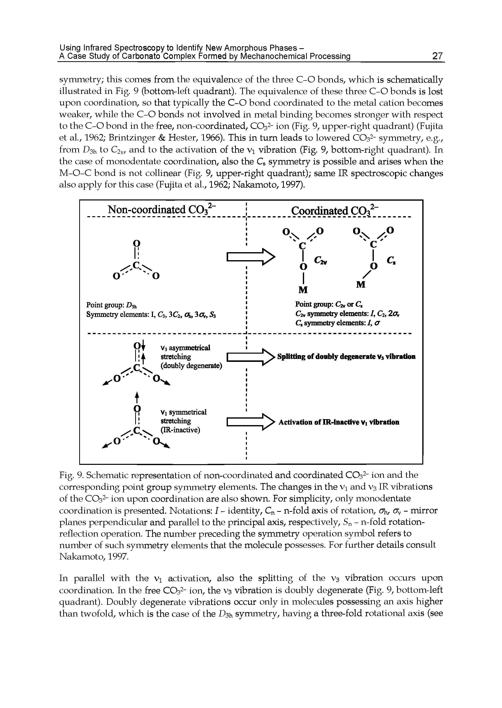 Fig. 9. Schematic representation of non-coordinated and coordinated CCh ion and the corresponding point group symmetry elements. The changes in the Vj and V3 IR vibrations of the COs " ion upon coordination are also shown. For simplicity, only monodentate coordination is presented. Notations I - identity, Cn - n-fold axis of rotation, Oh, a, - mirror planes perpendicular and parallel to the principal axis, respectively, Sn - n-fold rotation-reflection operation. The number preceding the symmetry operation symbol refers to number of such symmetry elements that the molecule possesses. For further details consult Nakamoto, 1997.