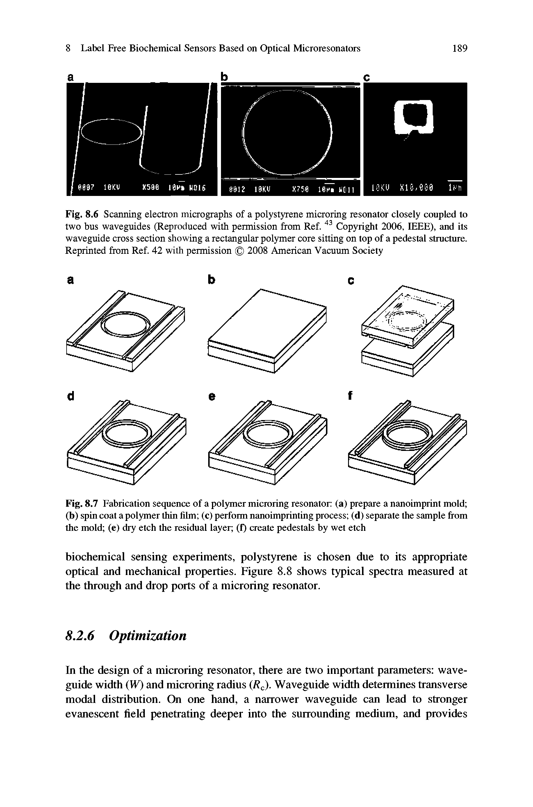 Fig. 8.6 Scanning electron micrographs of a polystyrene microring resonator closely coupled to two bus waveguides (Reproduced with permission from Ref. 43 Copyright 2006, IEEE), and its waveguide cross section showing a rectangular polymer core sitting on top of a pedestal structure. Reprinted from Ref. 42 with permission 2008 American Vacuum Society...