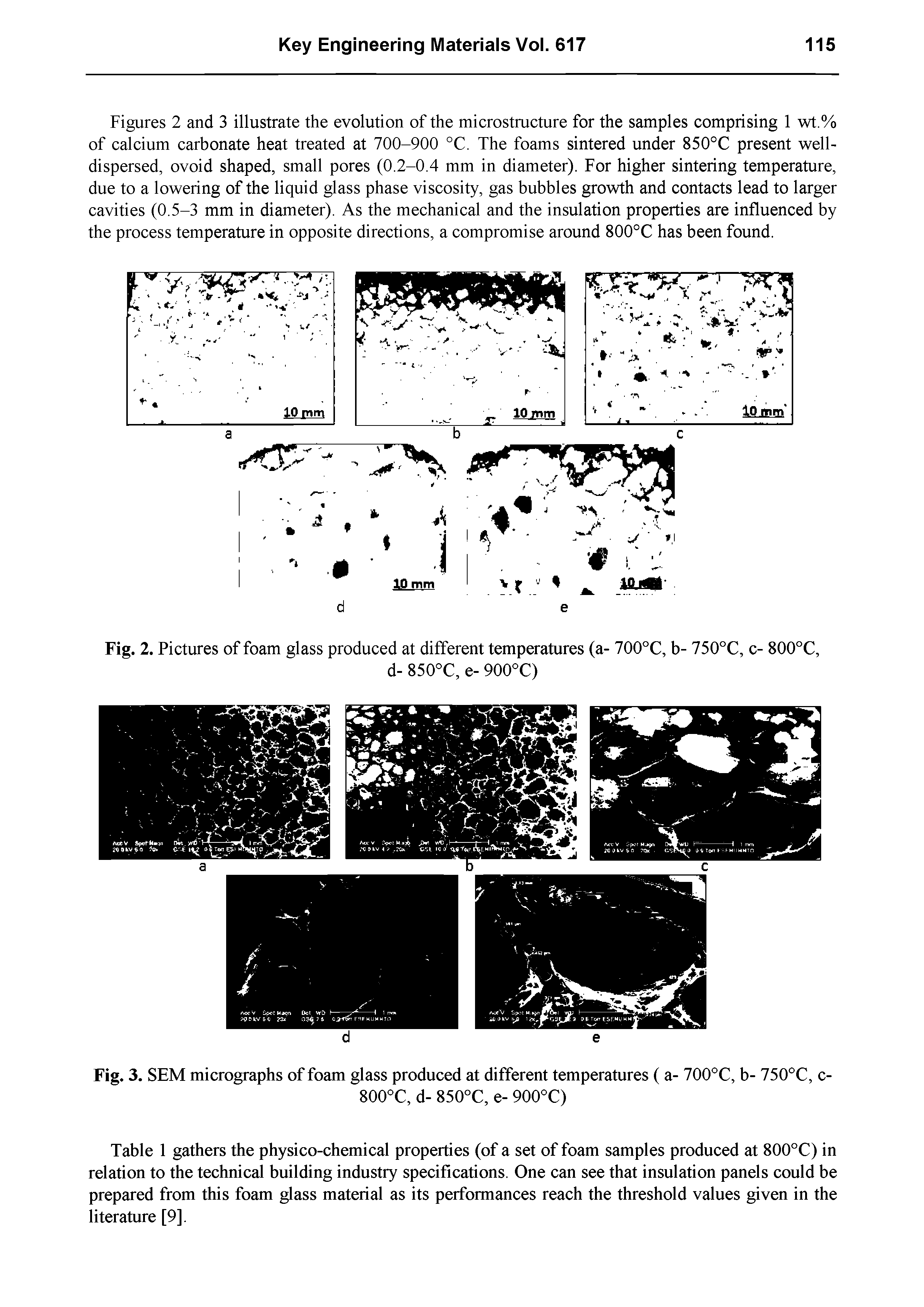 Figures 2 and 3 illustrate the evolution of the microstructure for the samples comprising 1 wt.% of calcium carbonate heat treated at 700-900 °C. The foams sintered under 850°C present well-dispersed, ovoid shaped, small pores (0.2-0.4 mm in diameter). For higher sintering temperature, due to a lowering of the liquid glass phase viscosity, gas bubbles growth and contacts lead to larger cavities (0.5-3 mm in diameter). As the mechanical and the insulation properties are influenced by the process temperature in opposite directions, a compromise around 800°C has been found.